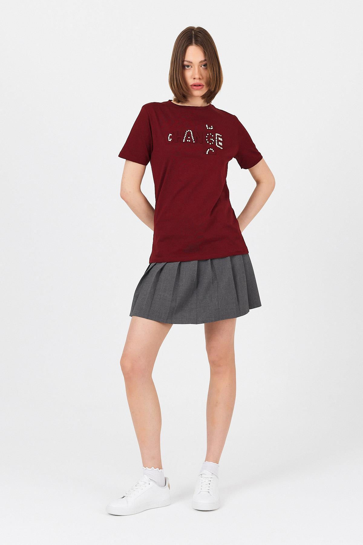 Bordo Change Yazı Kabartmalı Tişört 25227 - 8