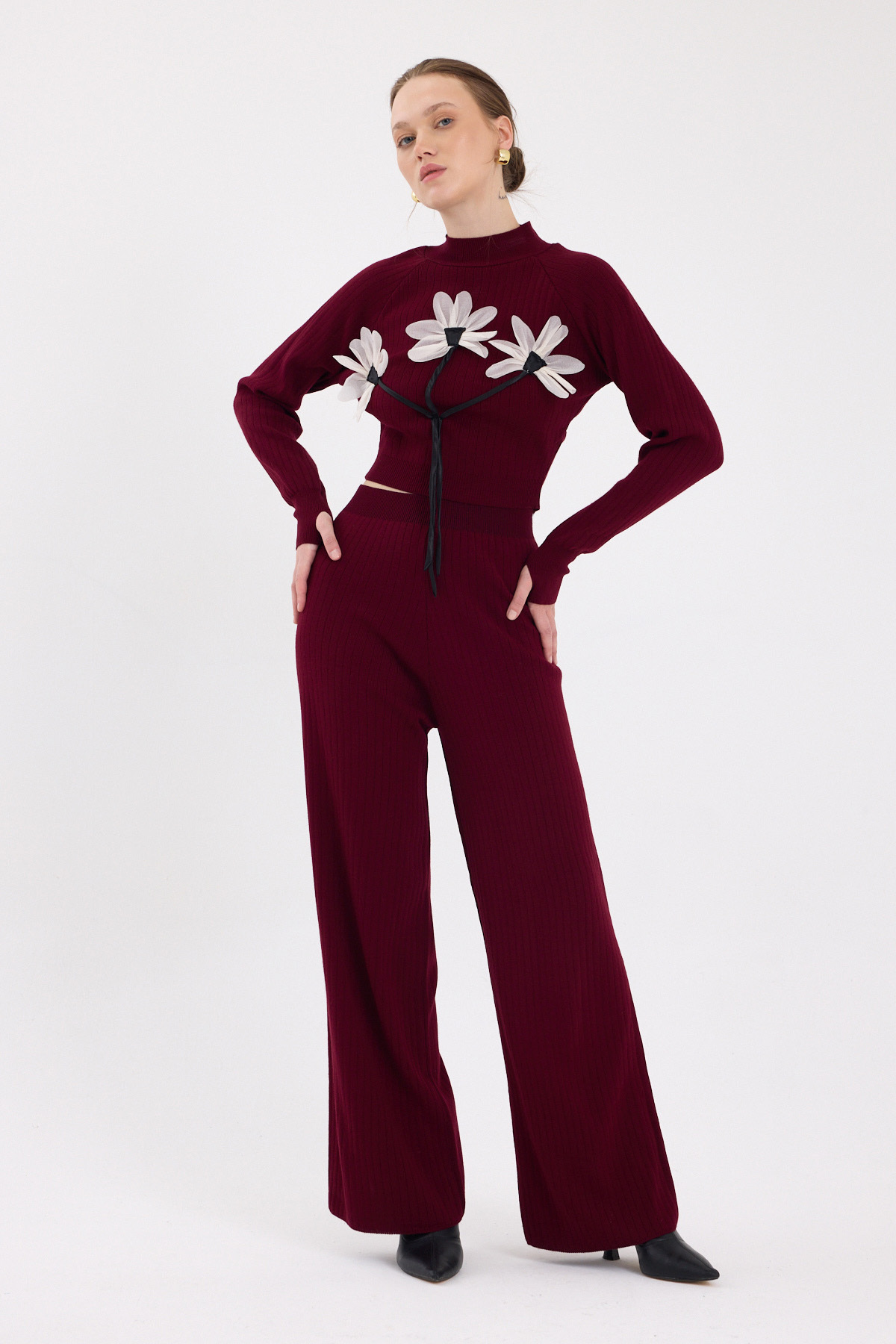 Bordo Çiçek Detaylı Triko Alt Üst Kadın Takım 7075 - 2