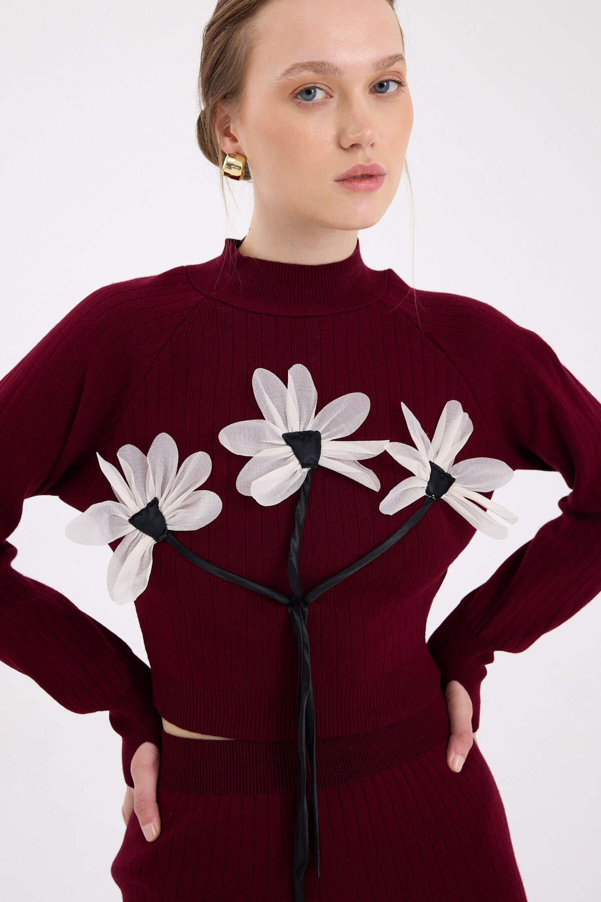 Bordo Çiçek Detaylı Triko Alt Üst Kadın Takım 7075 - RAYS