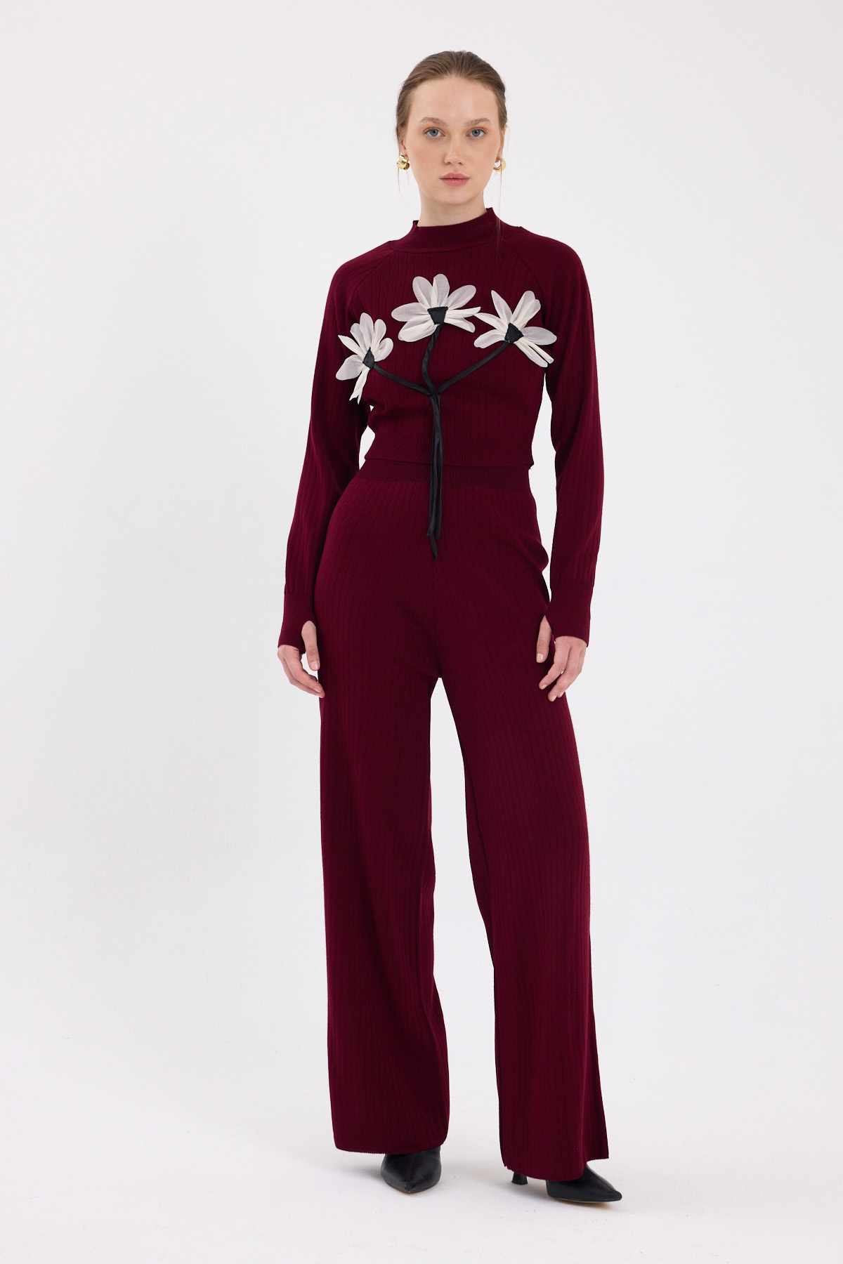 Bordo Çiçek Detaylı Triko Alt Üst Kadın Takım 7075 - 1