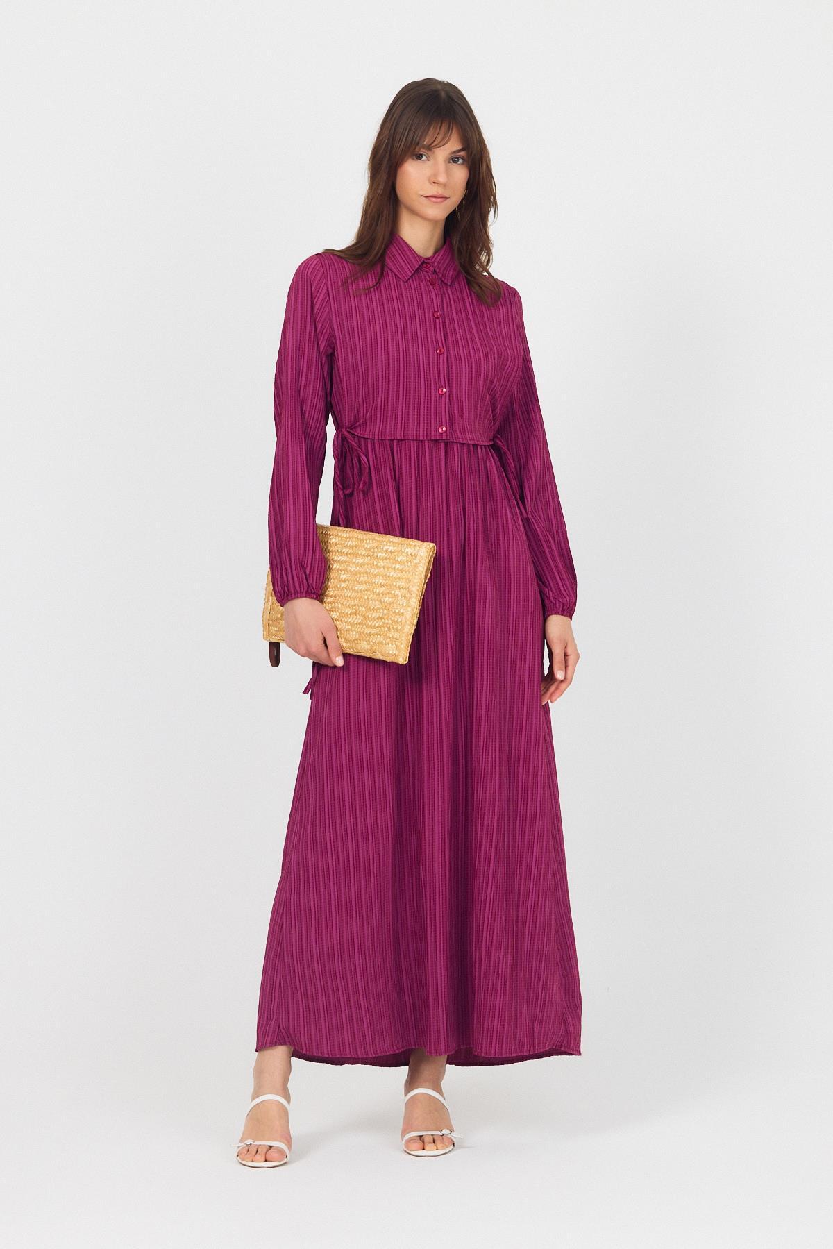 Bordo Çift Kullanımlı Çıkma Yakalı Dokuma Elbise 4652A - RAYS