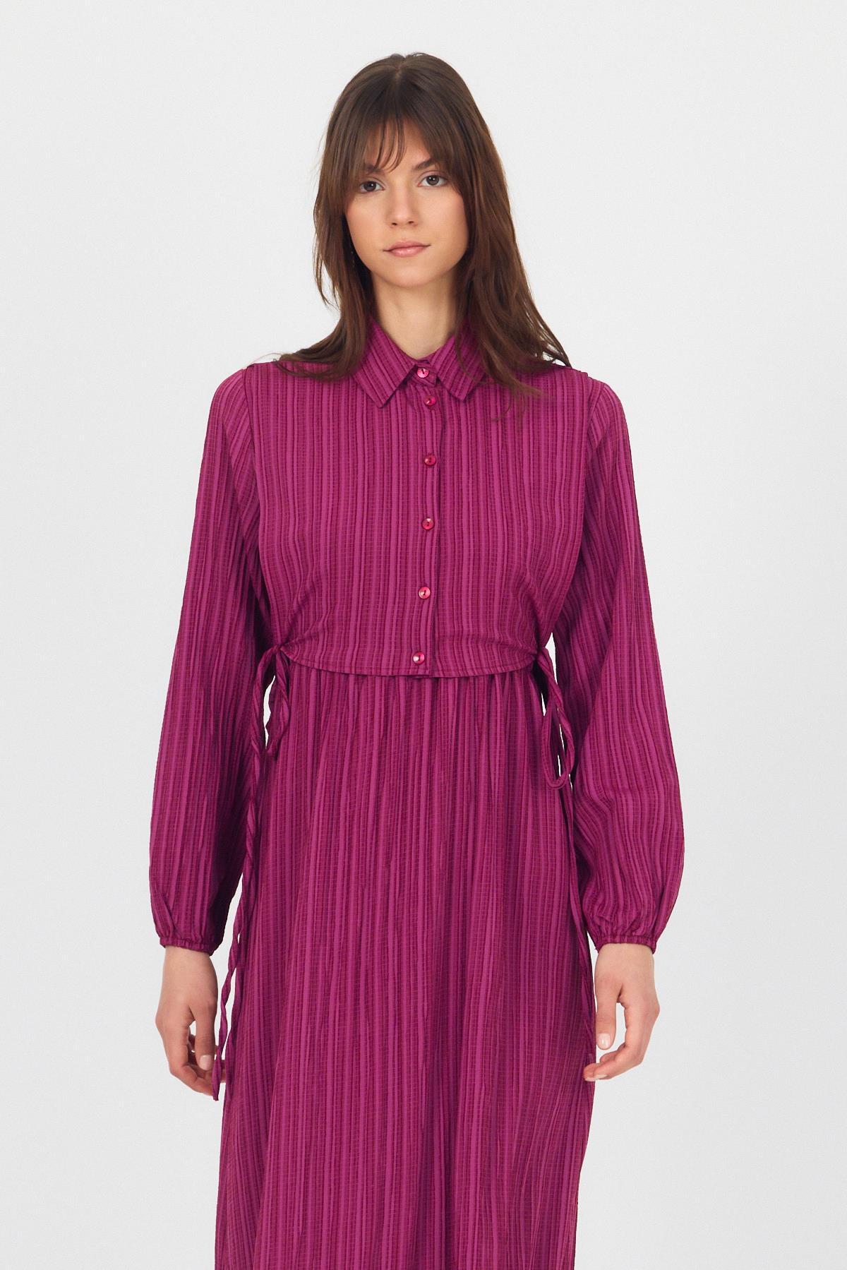 Bordo Çift Kullanımlı Çıkma Yakalı Dokuma Elbise 4652A - 3