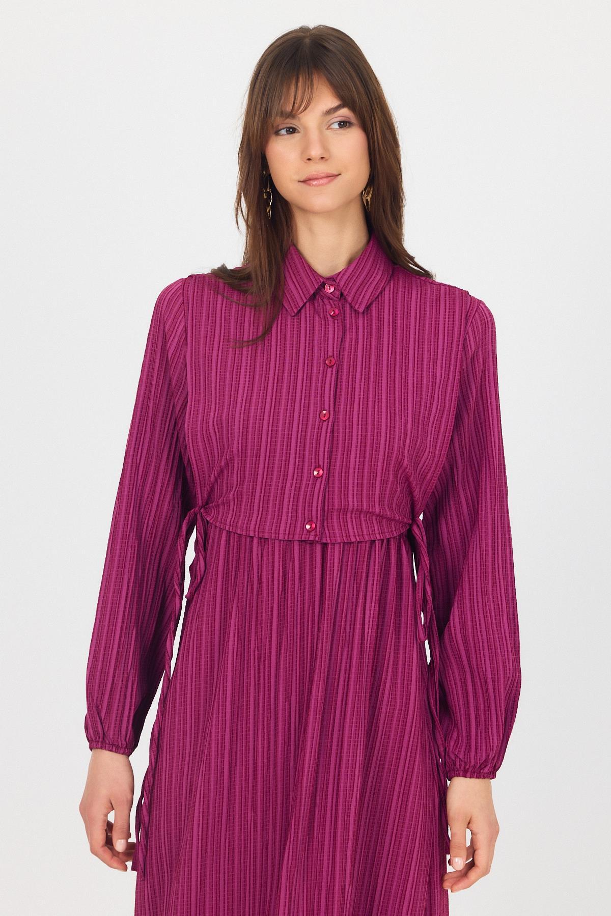 Bordo Çift Kullanımlı Çıkma Yakalı Dokuma Elbise 4652A - 4