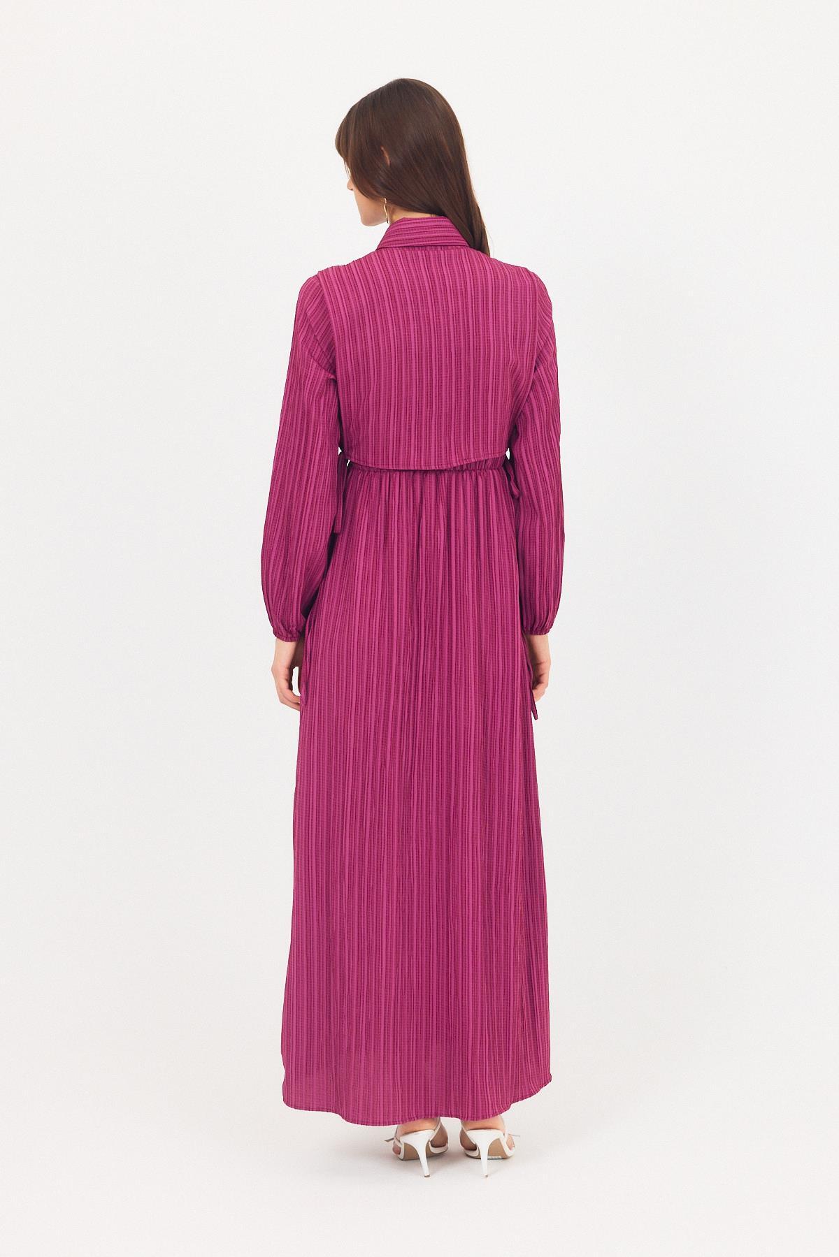 Bordo Çift Kullanımlı Çıkma Yakalı Dokuma Elbise 4652A - 5