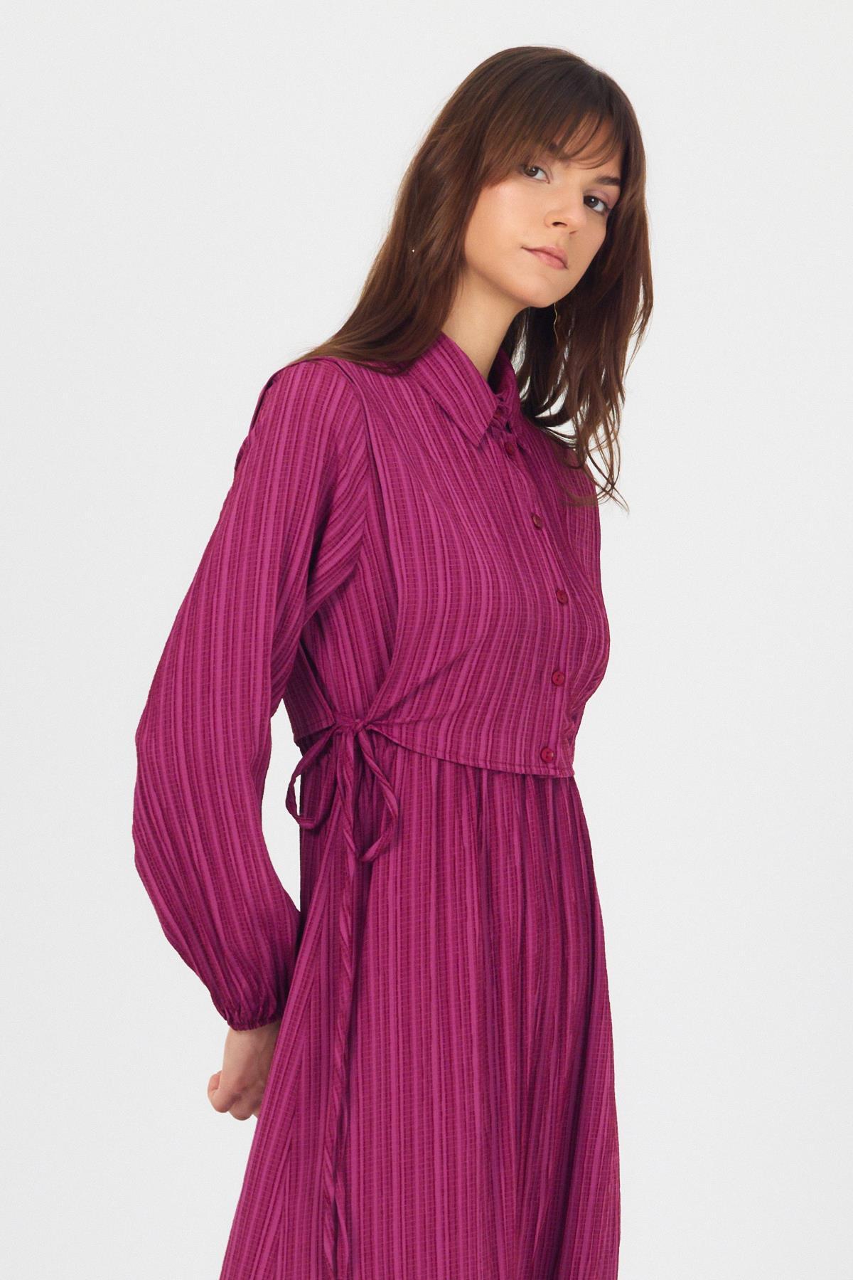 Bordo Çift Kullanımlı Çıkma Yakalı Dokuma Elbise 4652A - 7