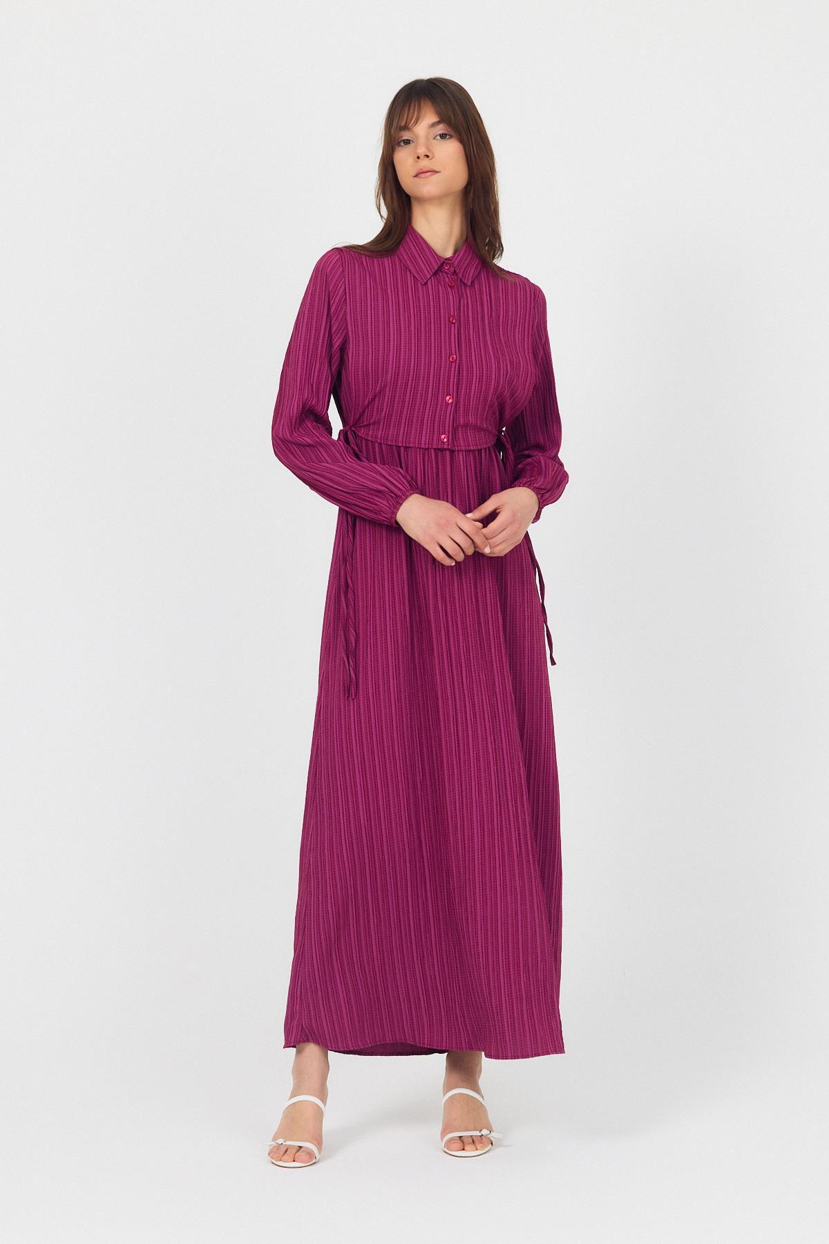 Bordo Çift Kullanımlı Çıkma Yakalı Dokuma Elbise 4652A - 6