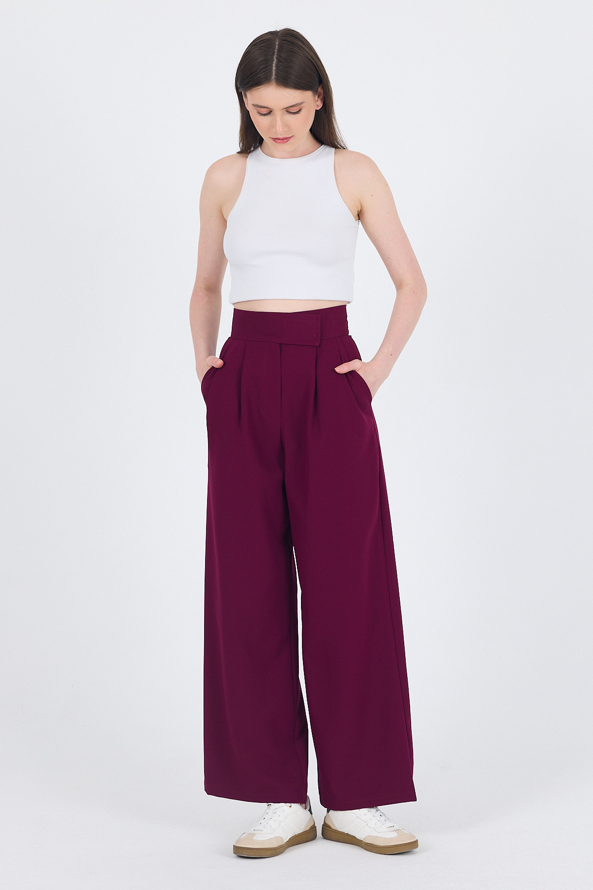 Bordo Cırt Kapama Detaylı Palazzo Pantolon 1615 - 3