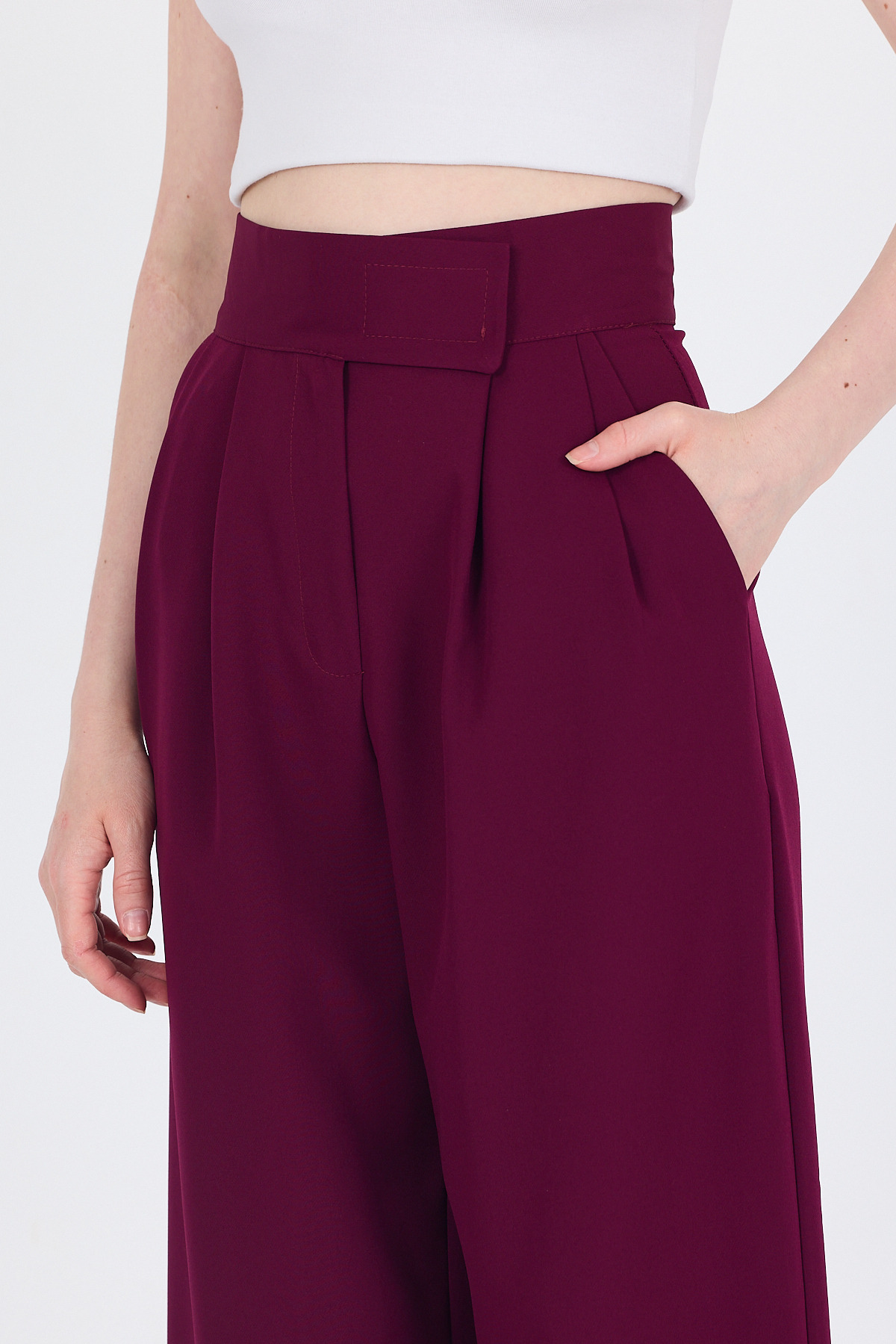 Bordo Cırt Kapama Detaylı Palazzo Pantolon 1615 - 4