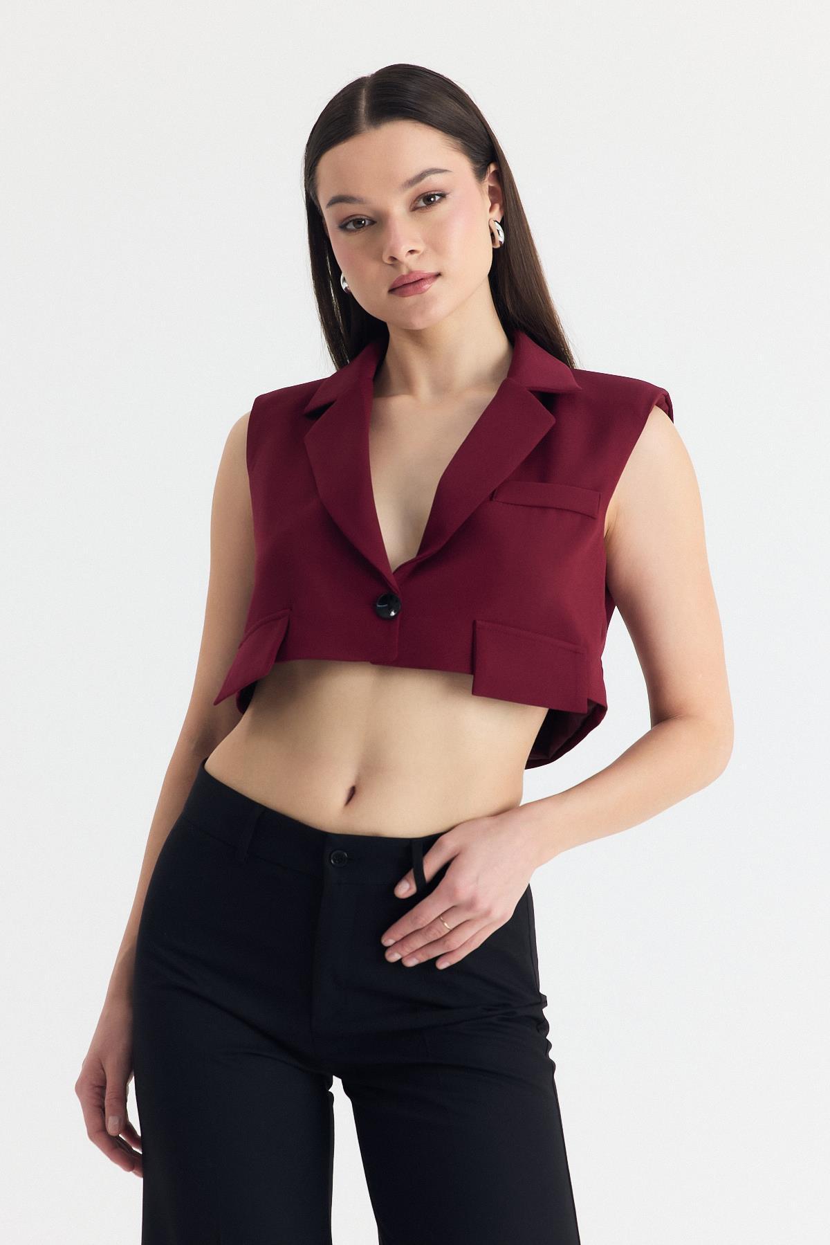 Bordo Crop Vatkalı Tek Düğme Cep Detay Yelek 6929 - 1