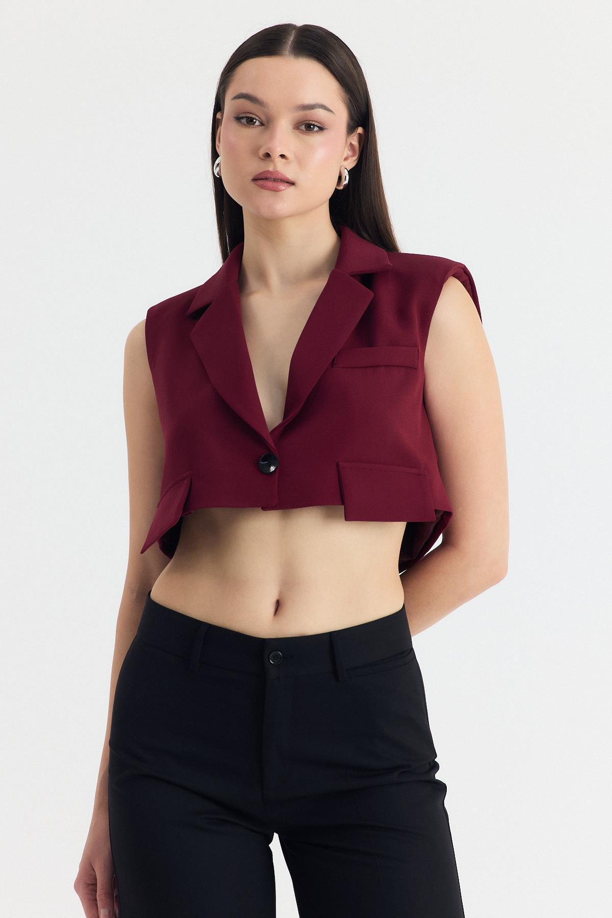 Bordo Crop Vatkalı Tek Düğme Cep Detay Yelek 6929 - 3