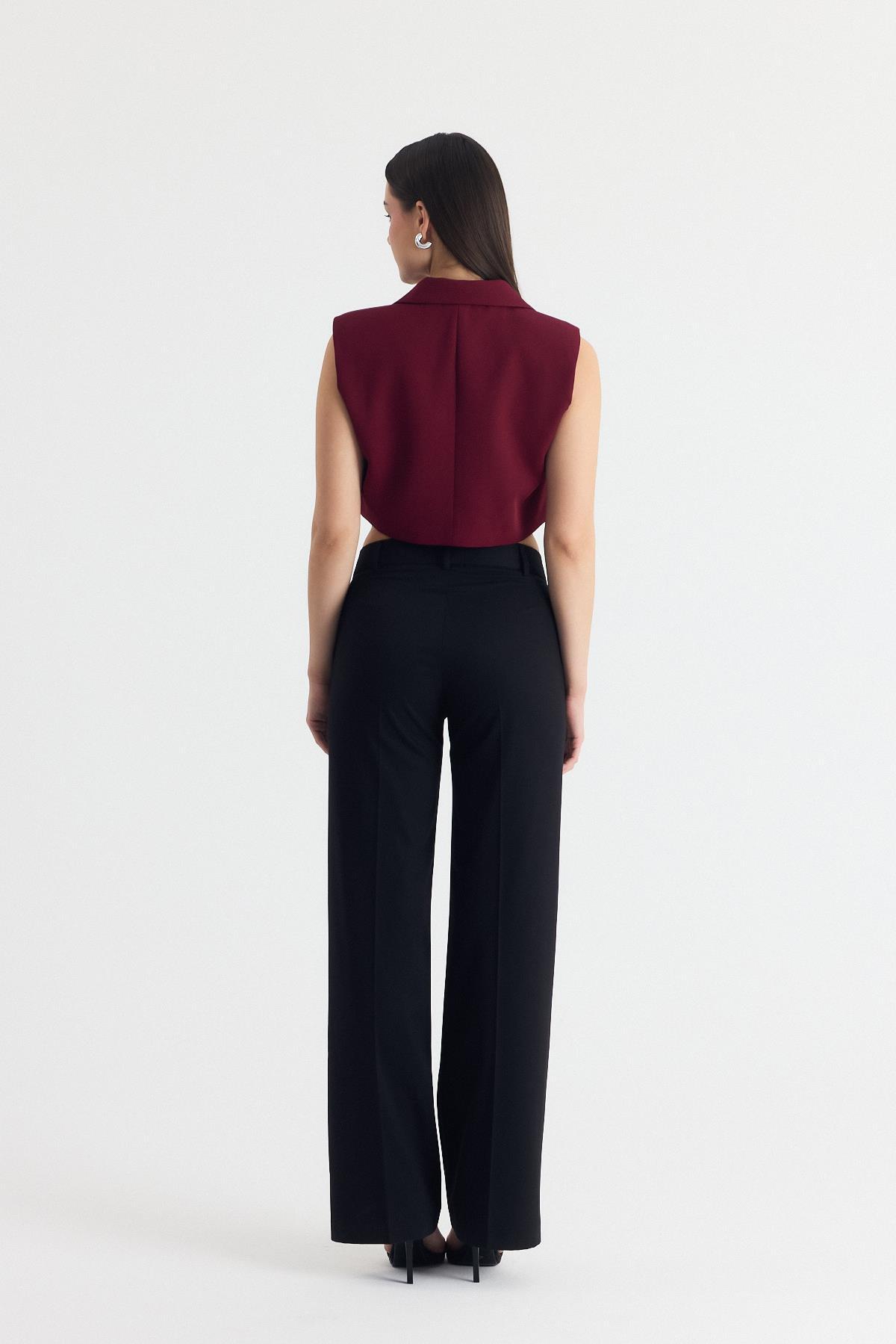 Bordo Crop Vatkalı Tek Düğme Cep Detay Yelek 6929 - 6