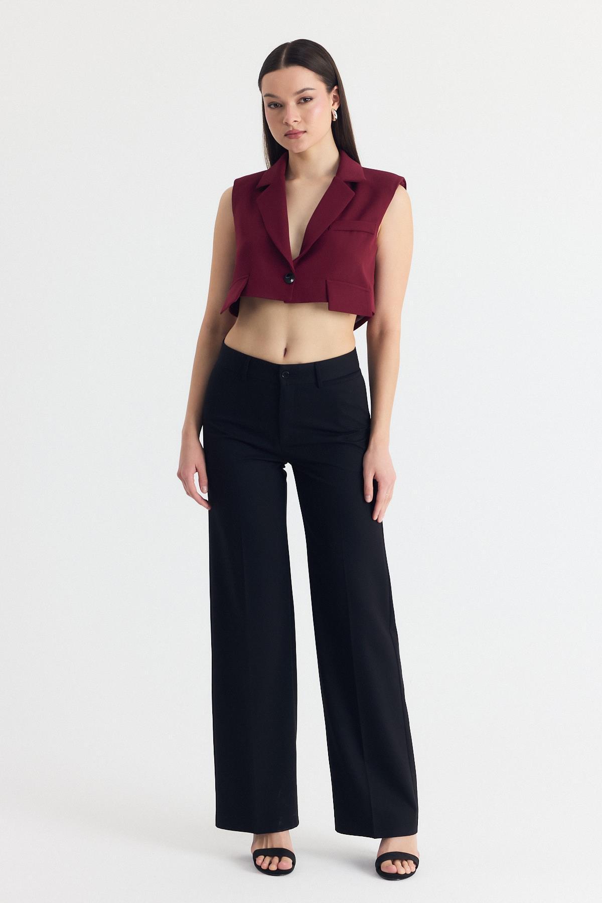 Bordo Crop Vatkalı Tek Düğme Cep Detay Yelek 6929 - RAYS