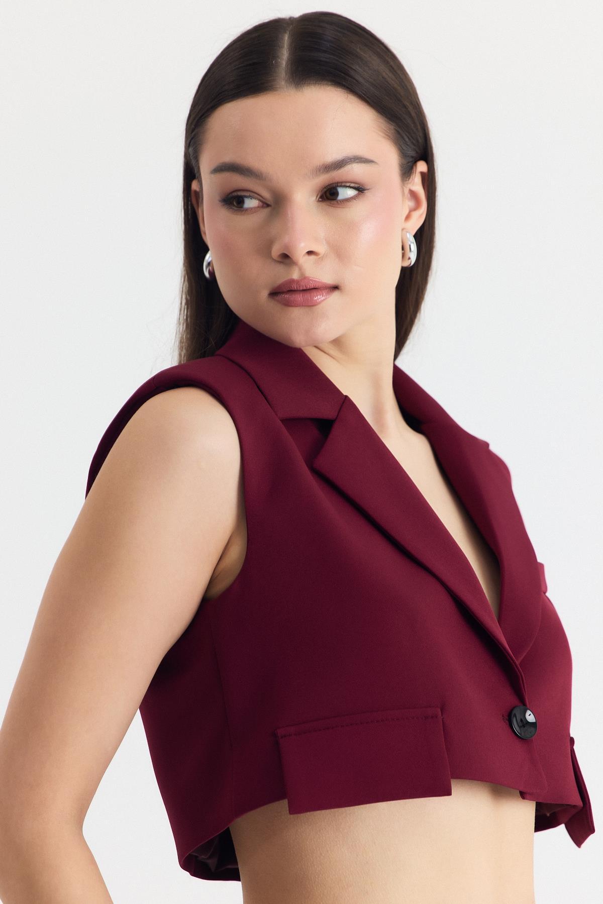 Bordo Crop Vatkalı Tek Düğme Cep Detay Yelek 6929 - 4