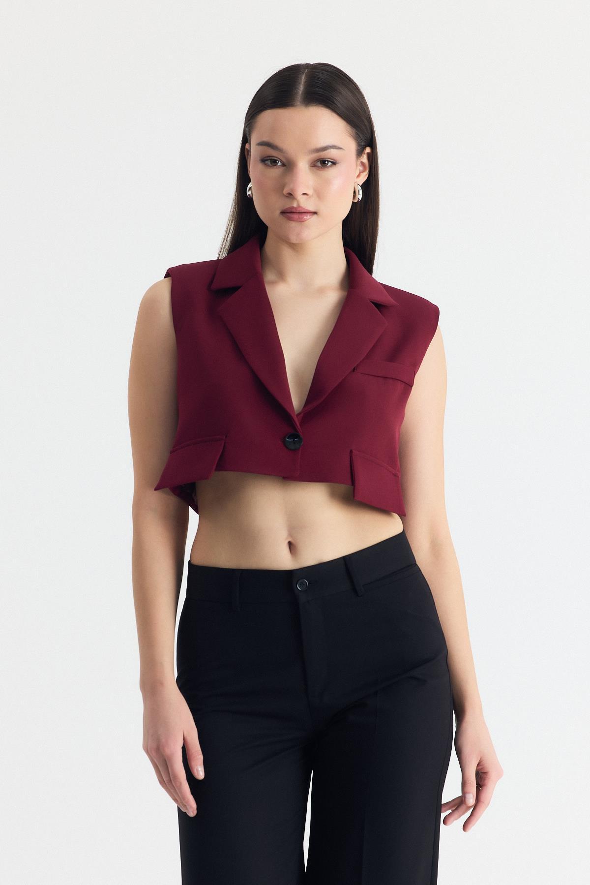 Bordo Crop Vatkalı Tek Düğme Cep Detay Yelek 6929 - 7