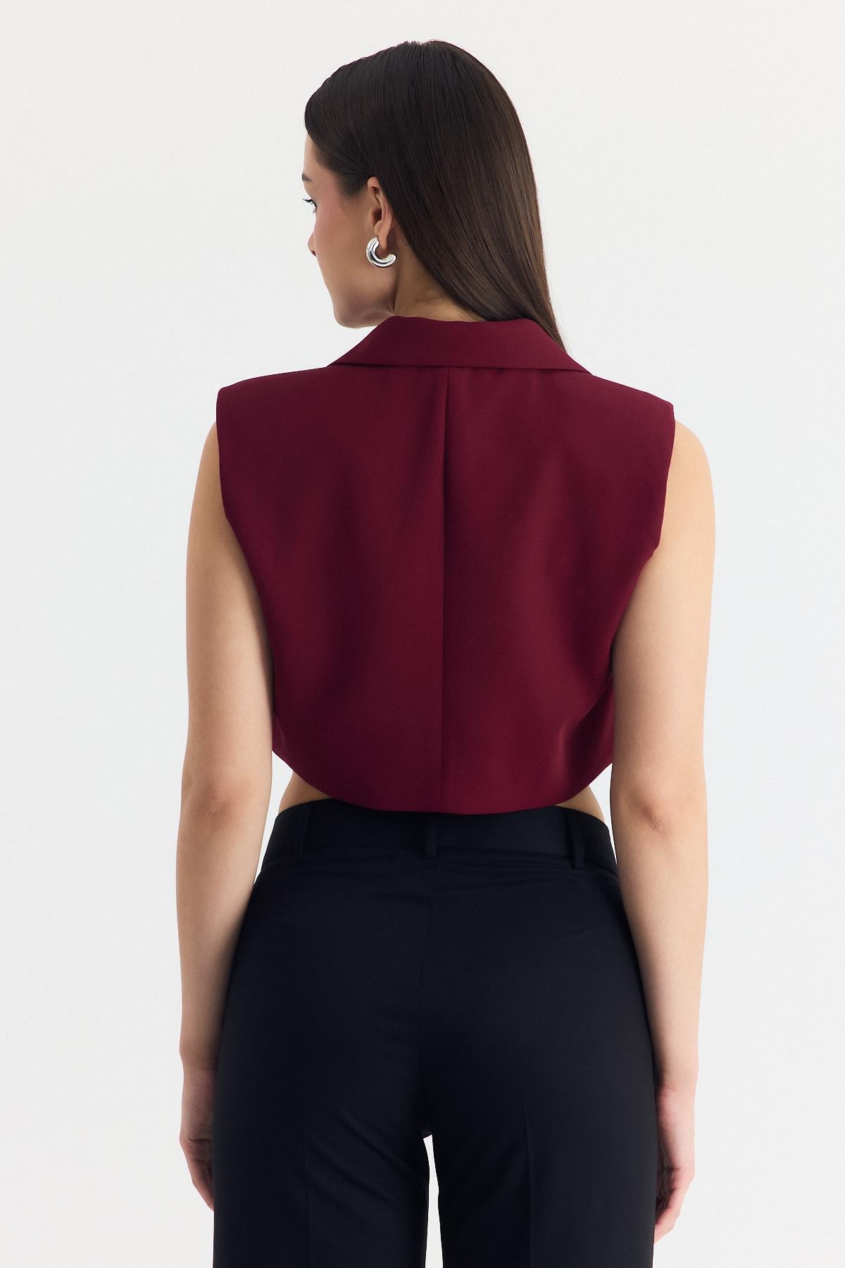 Bordo Crop Vatkalı Tek Düğme Cep Detay Yelek 6929 - 5