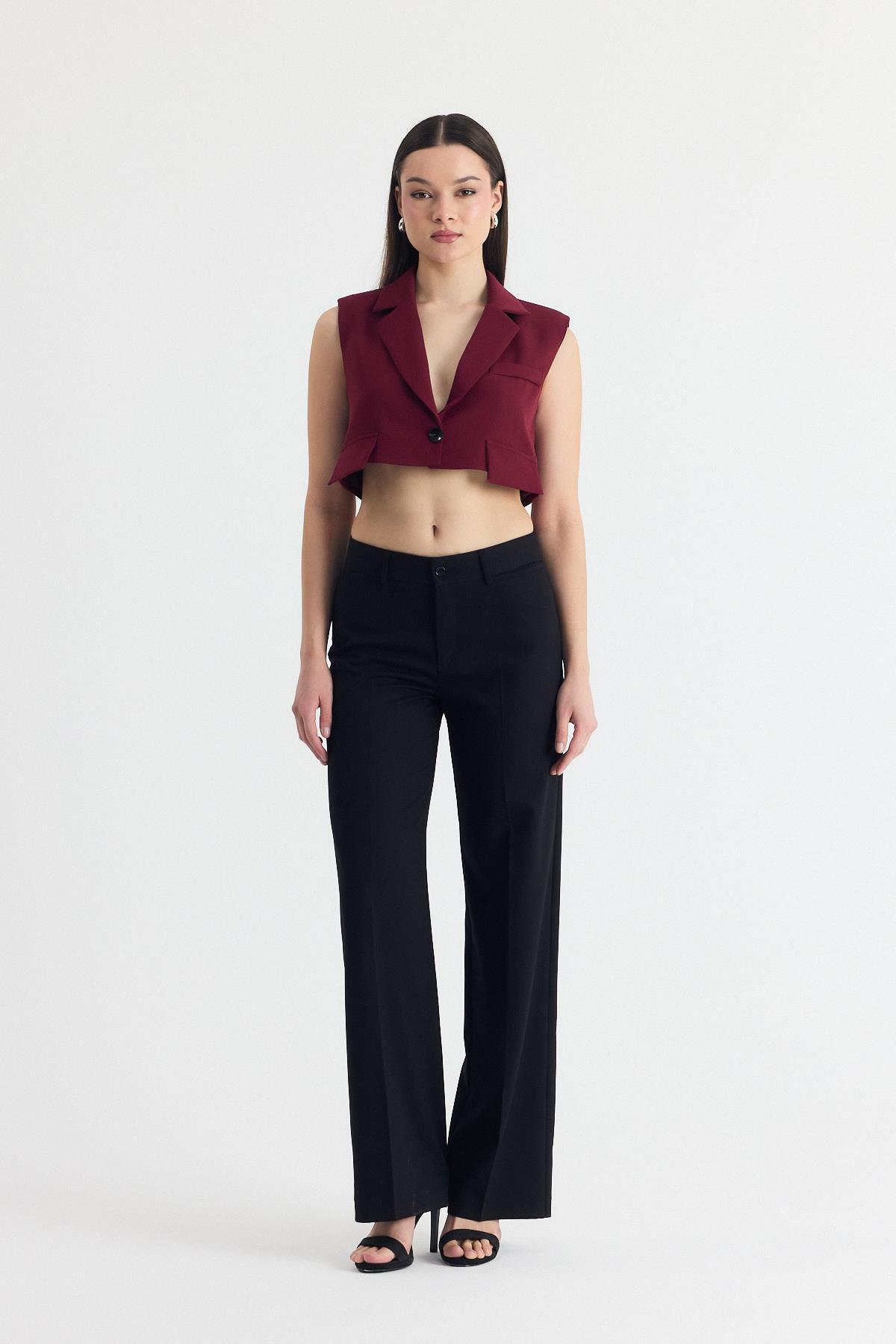 Bordo Crop Vatkalı Tek Düğme Cep Detay Yelek 6929 - 8