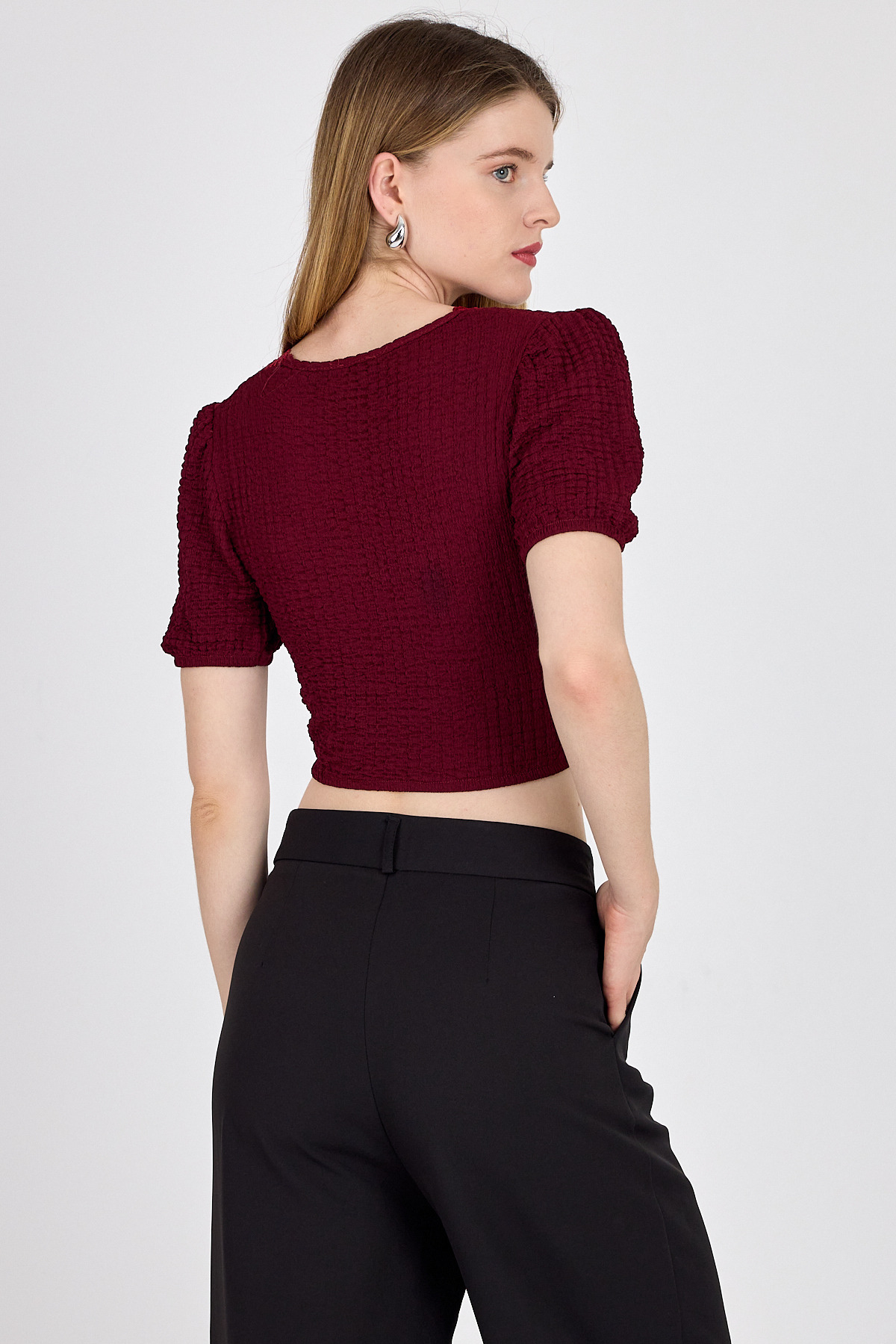 Bordo Dantel Detaylı Bürümcük Kumaş Crop Bluz 2231 - 5