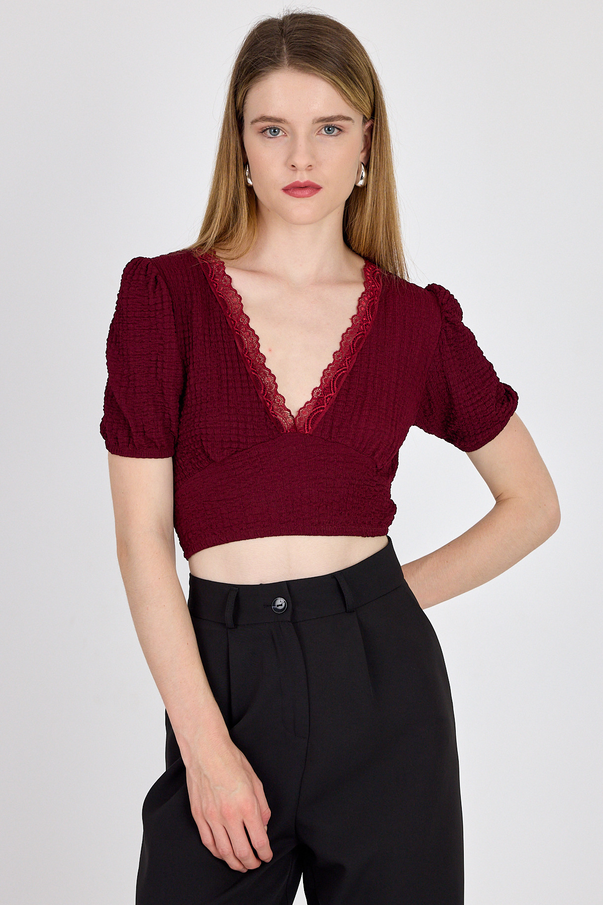 Bordo Dantel Detaylı Bürümcük Kumaş Crop Bluz 2231 - 6