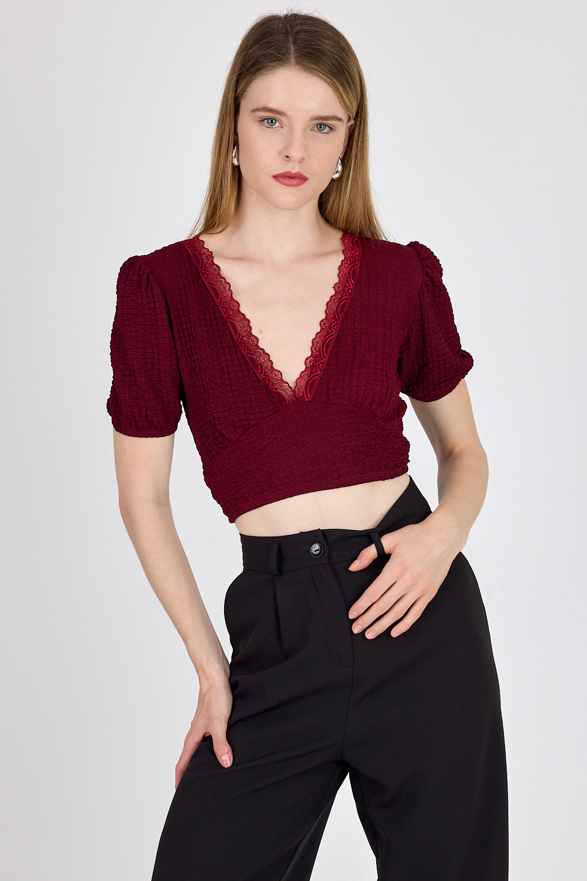 Bordo Dantel Detaylı Bürümcük Kumaş Crop Bluz 2231 