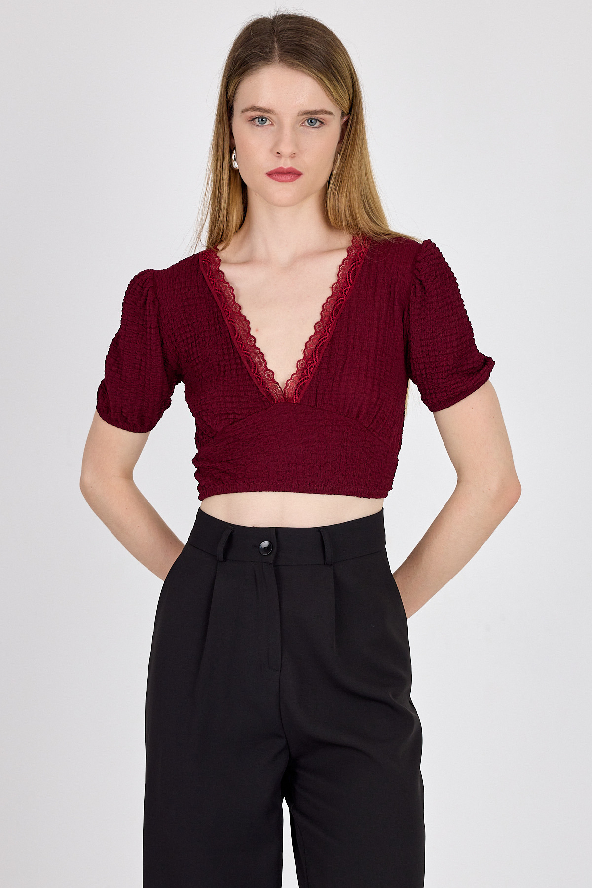 Bordo Dantel Detaylı Bürümcük Kumaş Crop Bluz 2231 - 2