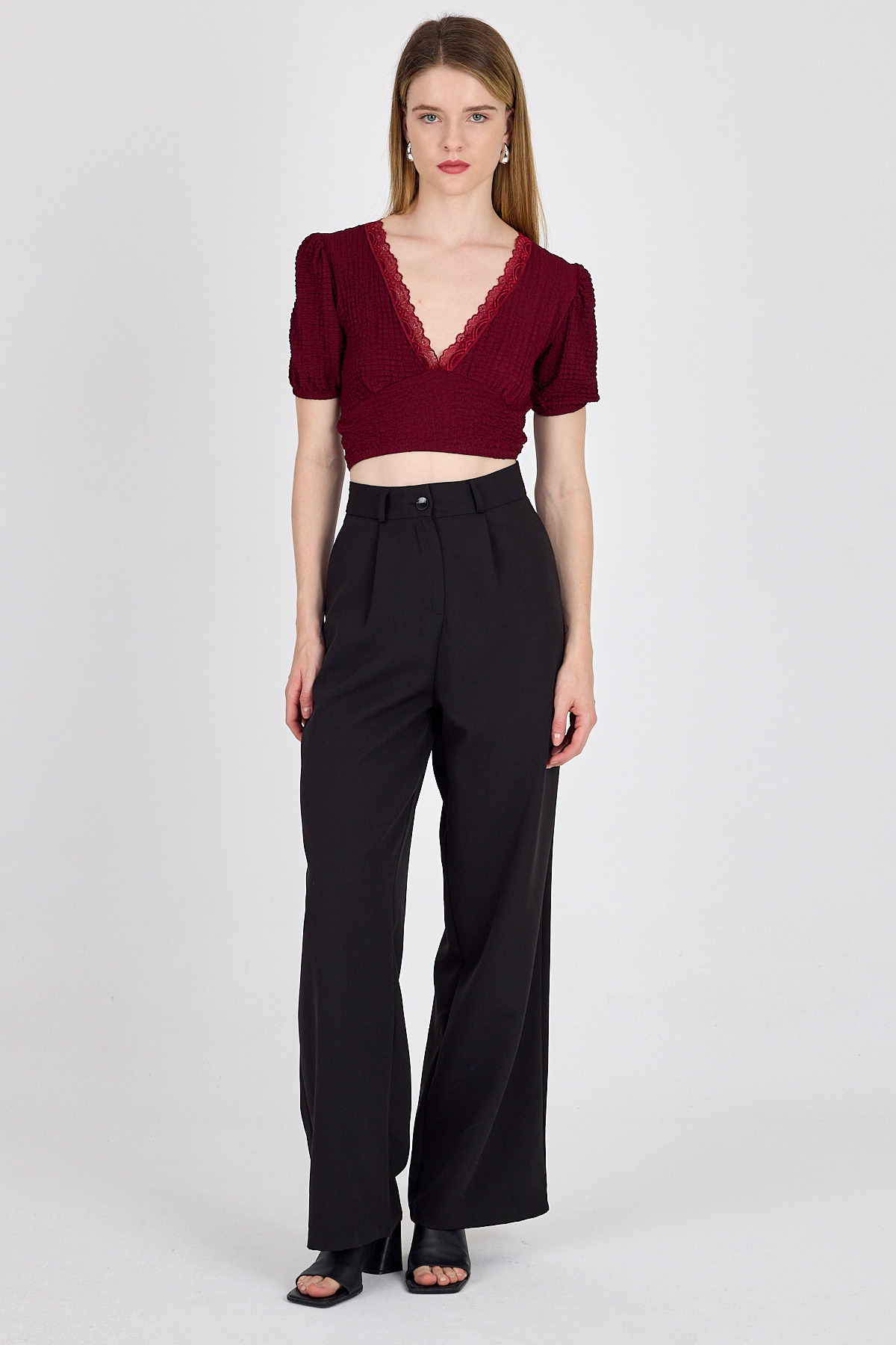 Bordo Dantel Detaylı Bürümcük Kumaş Crop Bluz 2231 - 3