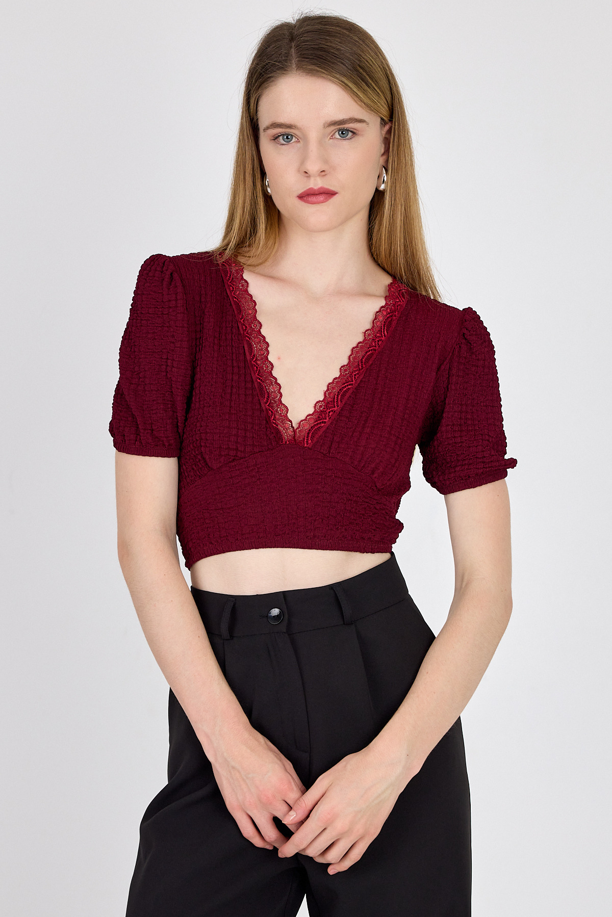 Bordo Dantel Detaylı Bürümcük Kumaş Crop Bluz 2231 - 7