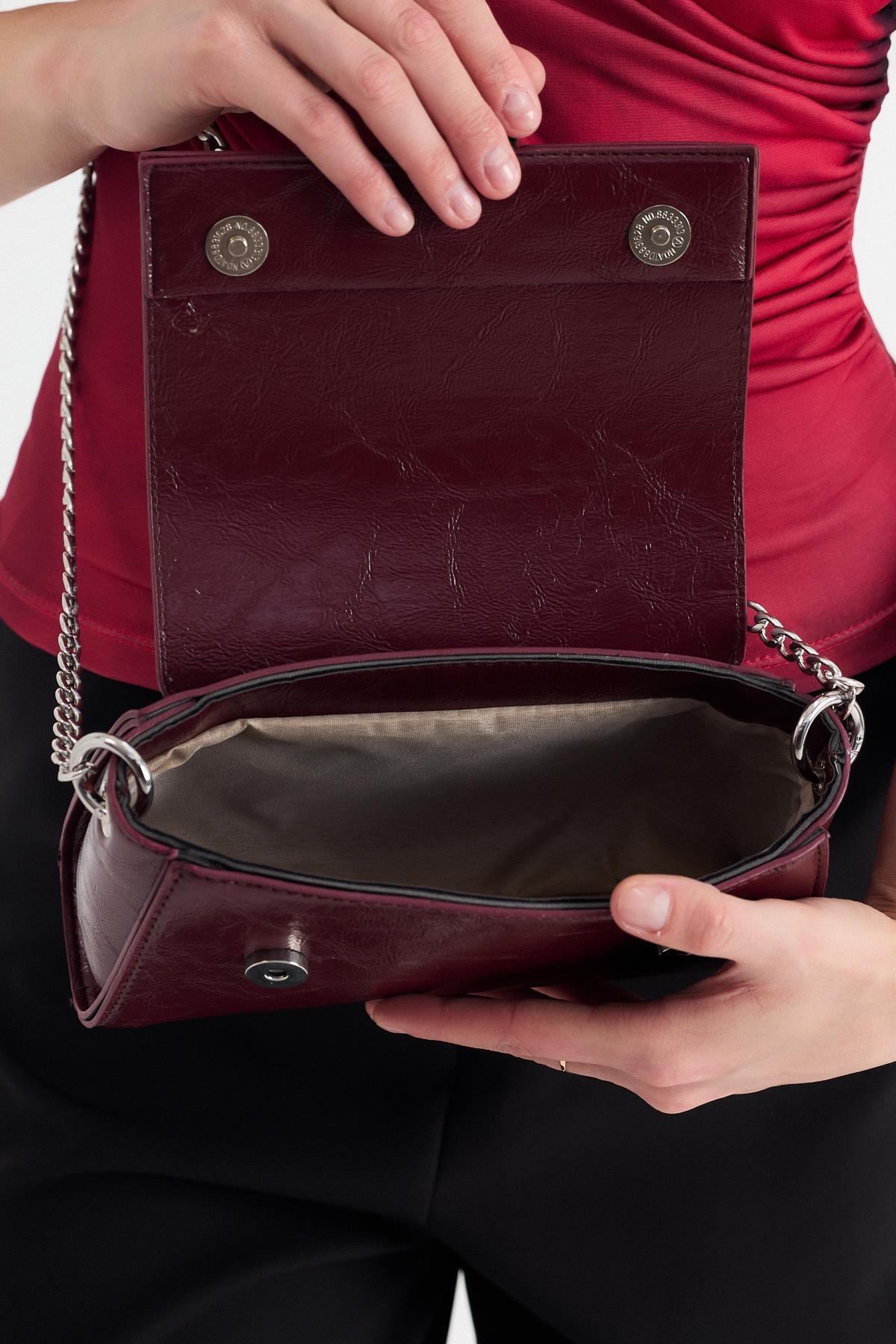 Bordo Deri Görünümlü Omuz Çantası 3023 - 4