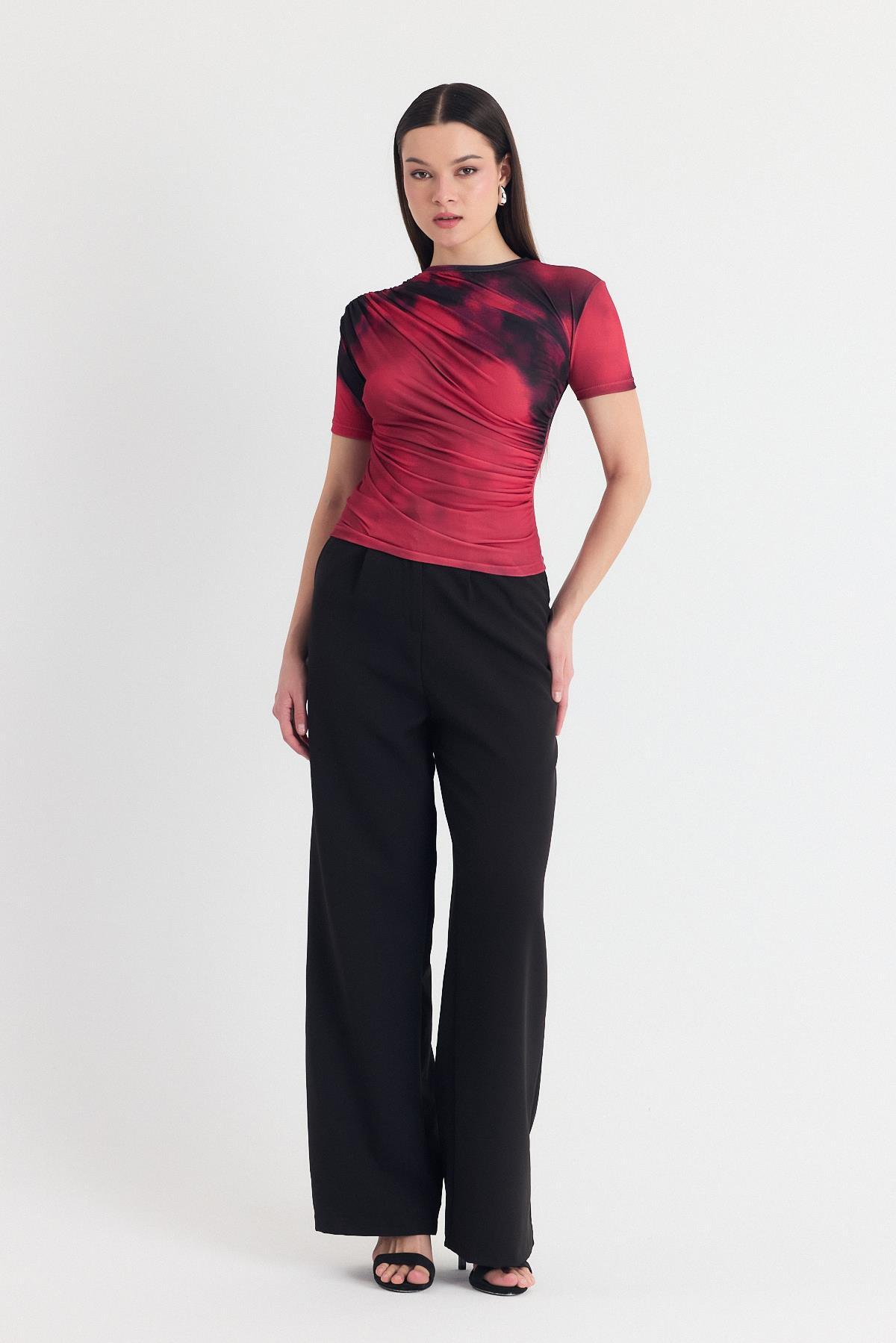 Bordo Desenli Büzgülü Sandy Bluz 12303 - 2