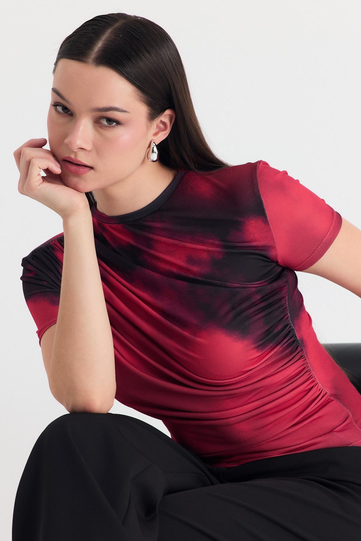 Bordo Desenli Büzgülü Sandy Bluz 12303 - 3