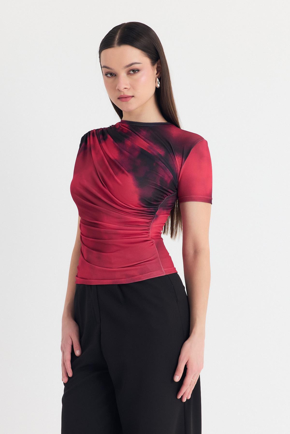 Bordo Desenli Büzgülü Sandy Bluz 12303 - RAYS