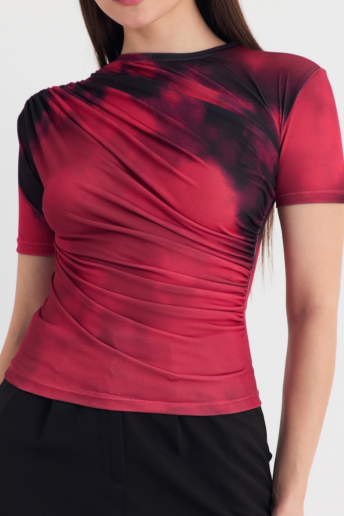 Bordo Desenli Büzgülü Sandy Bluz 12303 - RAYS