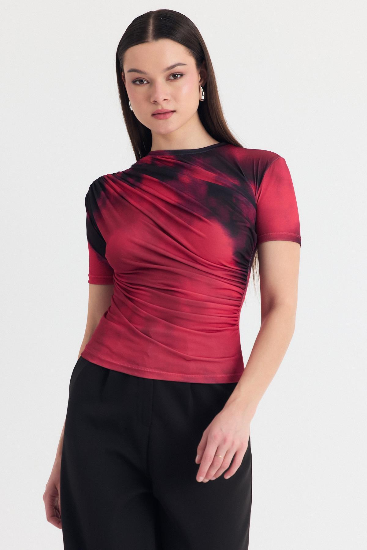 Bordo Desenli Büzgülü Sandy Bluz 12303 - 8