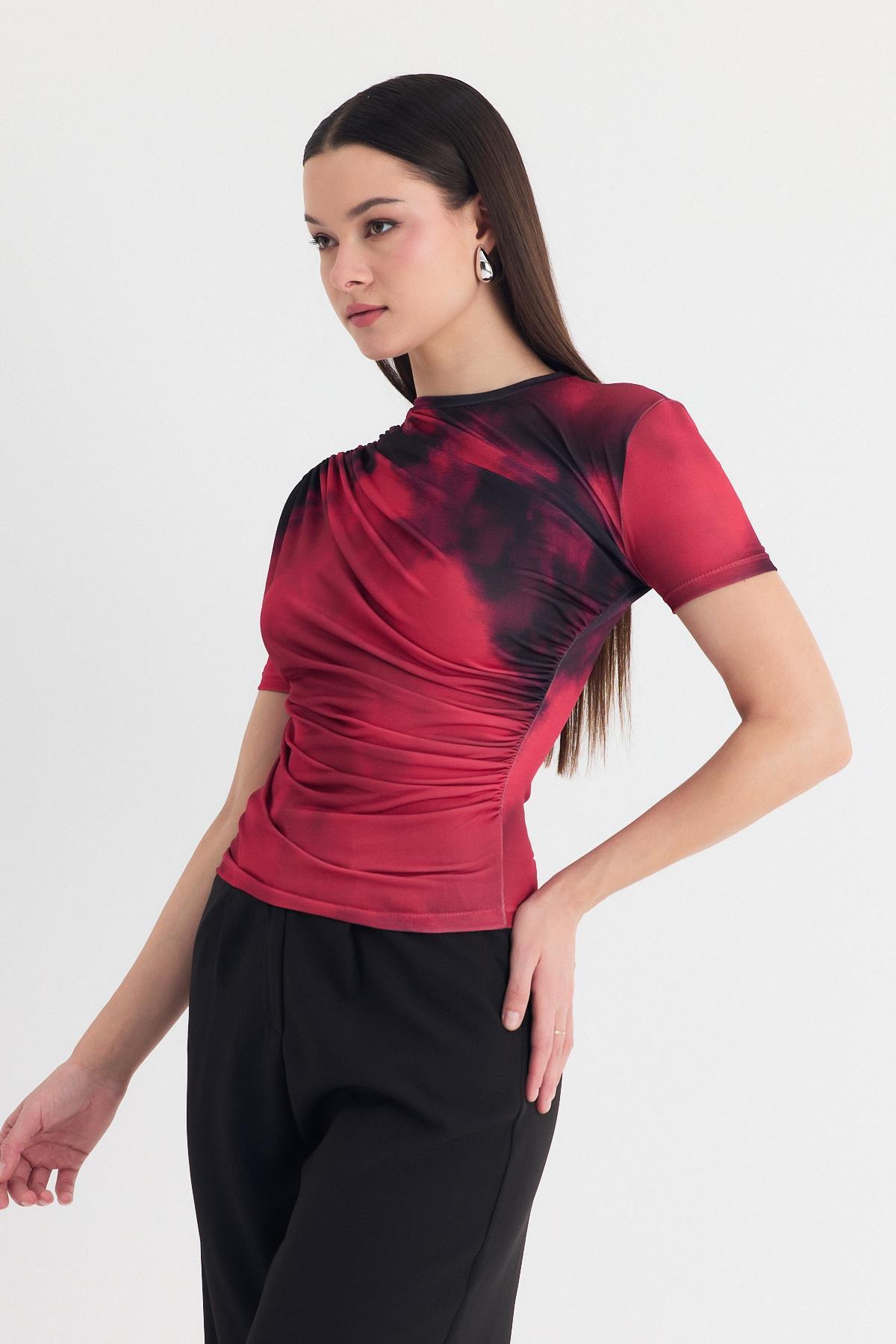 Bordo Desenli Büzgülü Sandy Bluz 12303 - 6