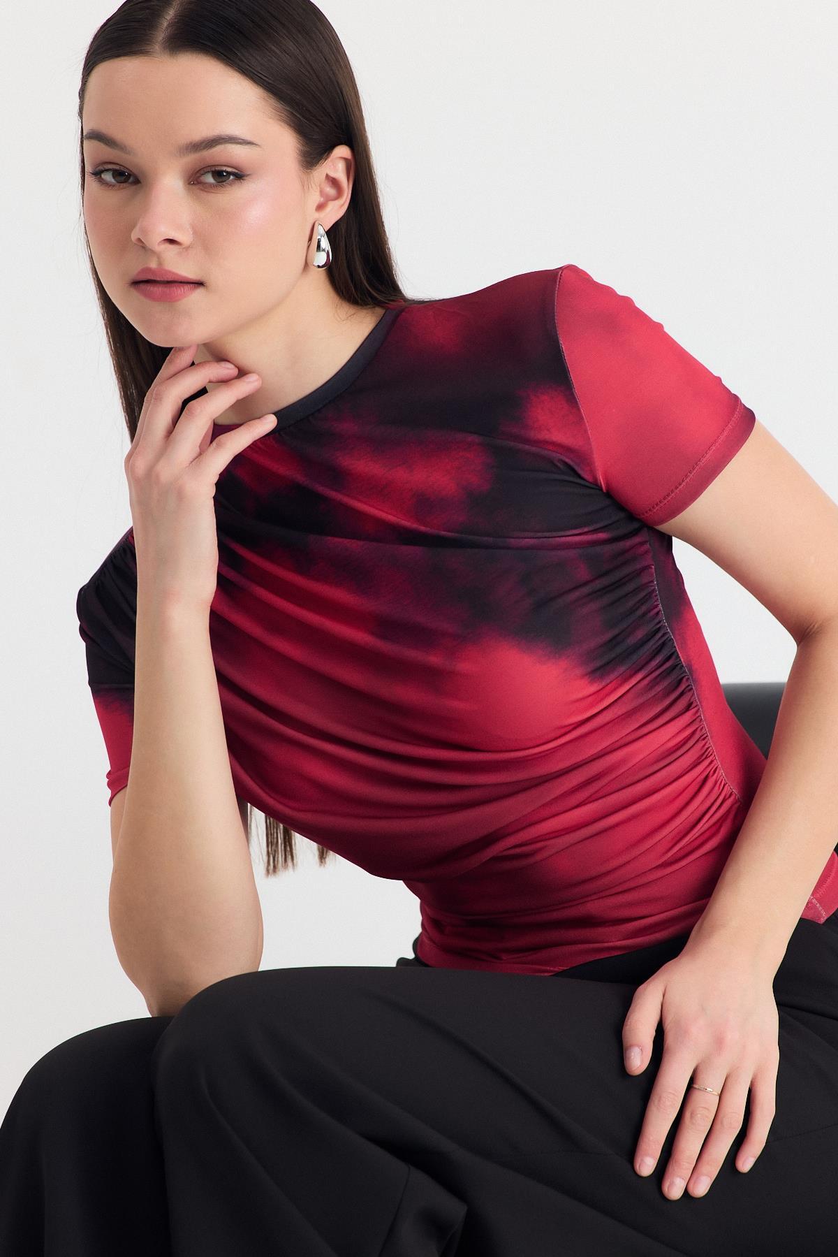 Bordo Desenli Büzgülü Sandy Bluz 12303 - 7