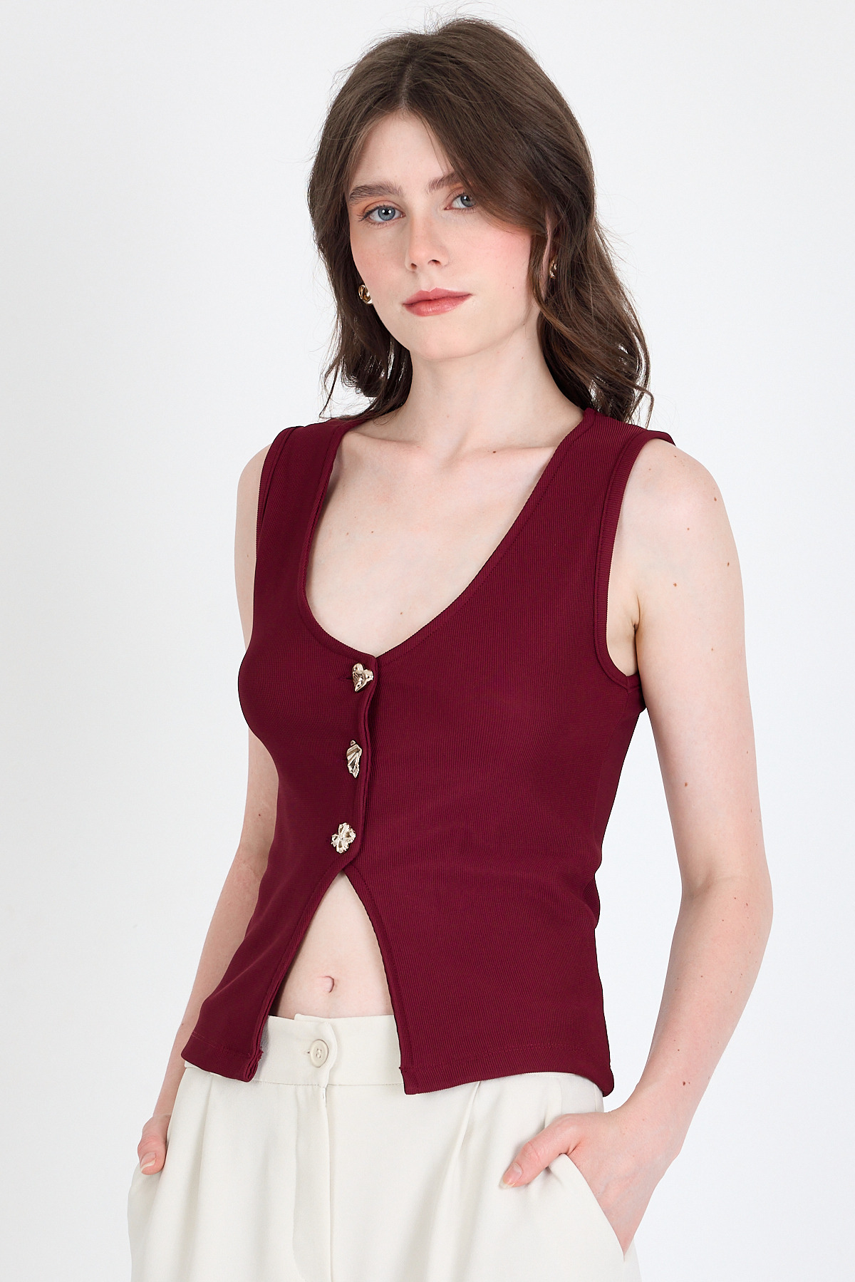 Bordo Düğme Detaylı V Yaka Bluz 018 - 2