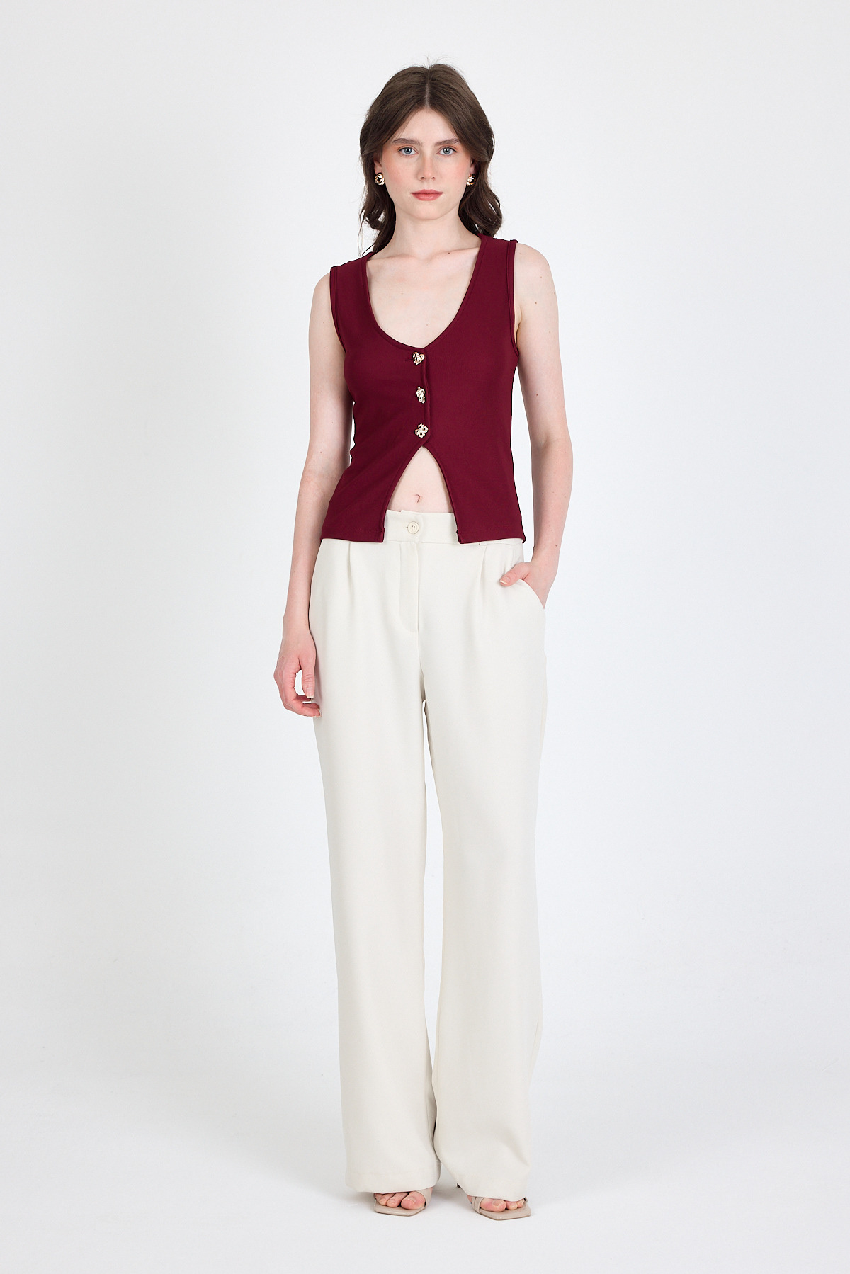 Bordo Düğme Detaylı V Yaka Bluz 018 - 3