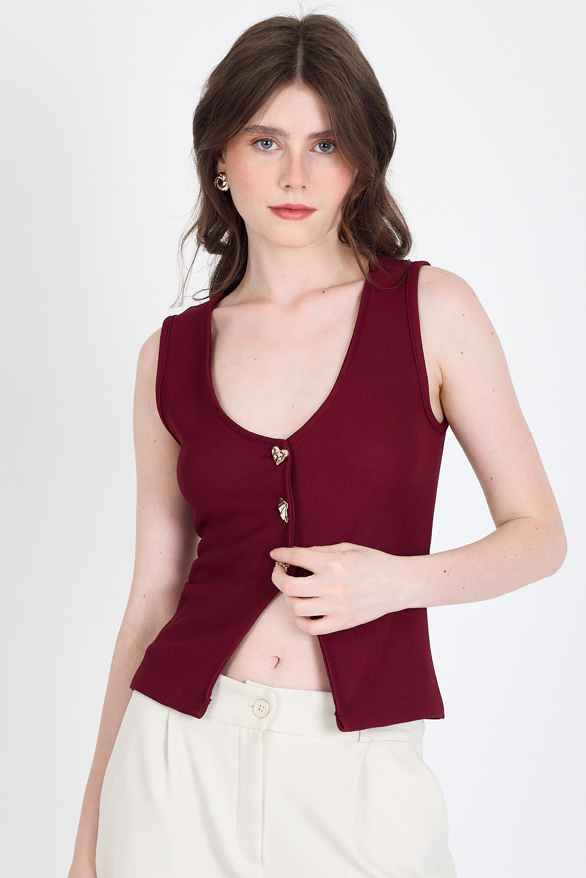 Bordo Düğme Detaylı V Yaka Bluz 018 - 6