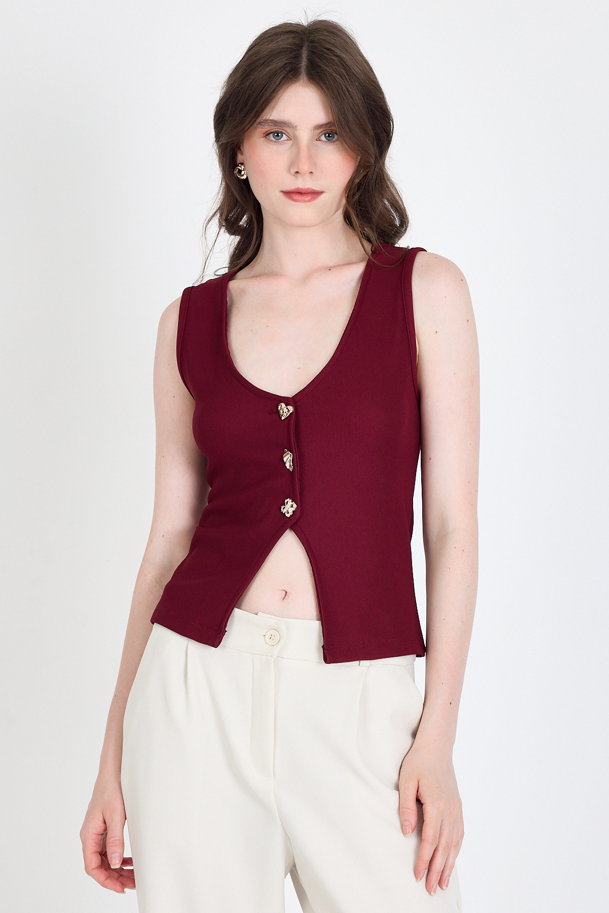 Bordo Düğme Detaylı V Yaka Bluz 018 