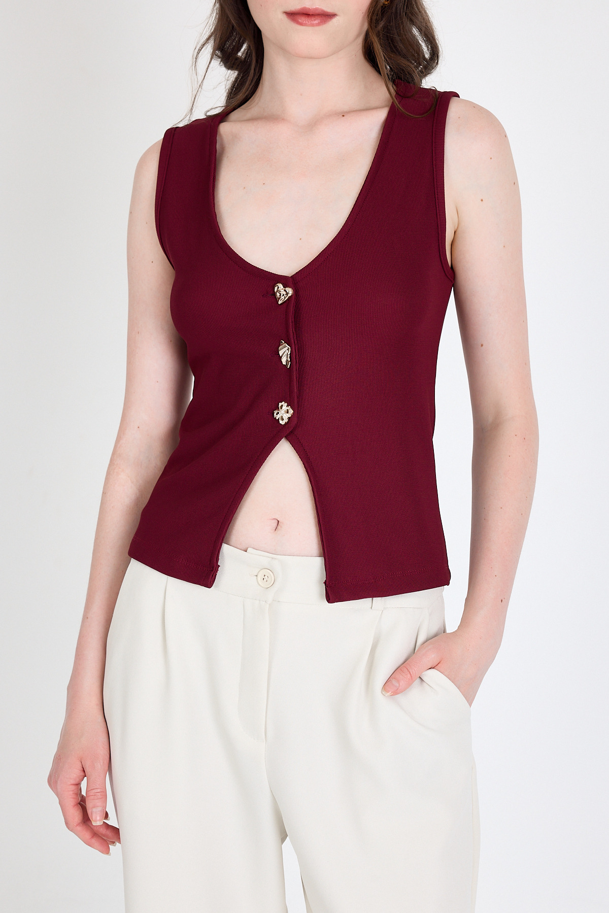 Bordo Düğme Detaylı V Yaka Bluz 018 - 4