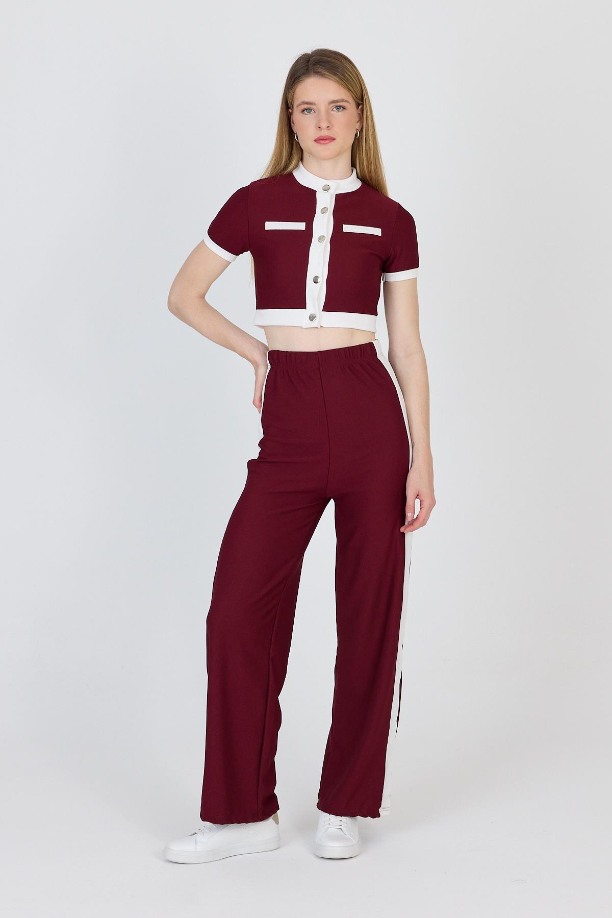 Bordo Düğmeli Crop Bluz & Şeritli Palazzo Pantolon Takım 2214 - 1