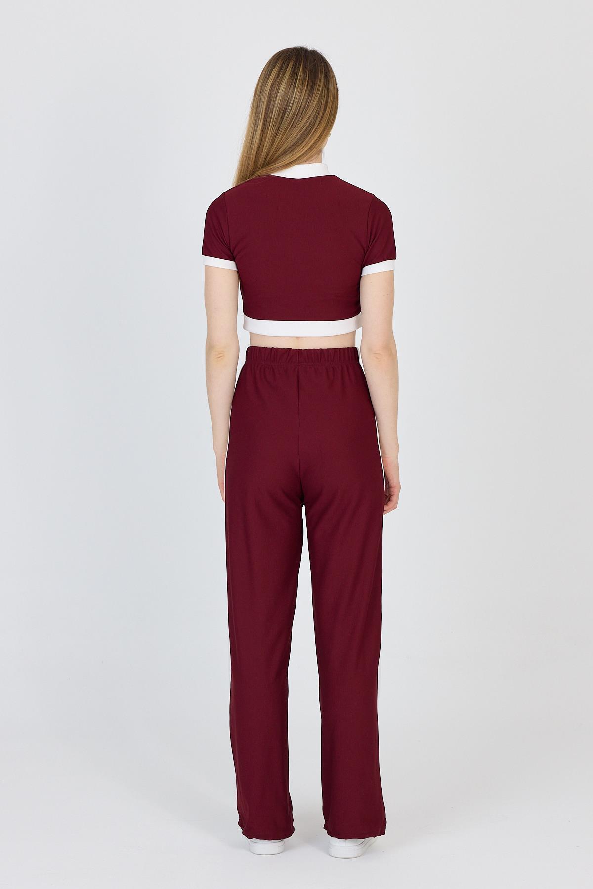 Bordo Düğmeli Crop Bluz & Şeritli Palazzo Pantolon Takım 2214 - 5