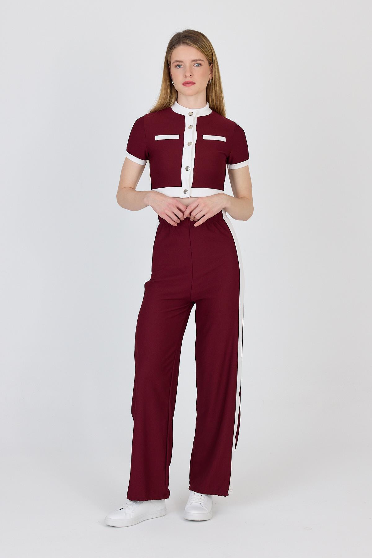 Bordo Düğmeli Crop Bluz & Şeritli Palazzo Pantolon Takım 2214 - RAYS