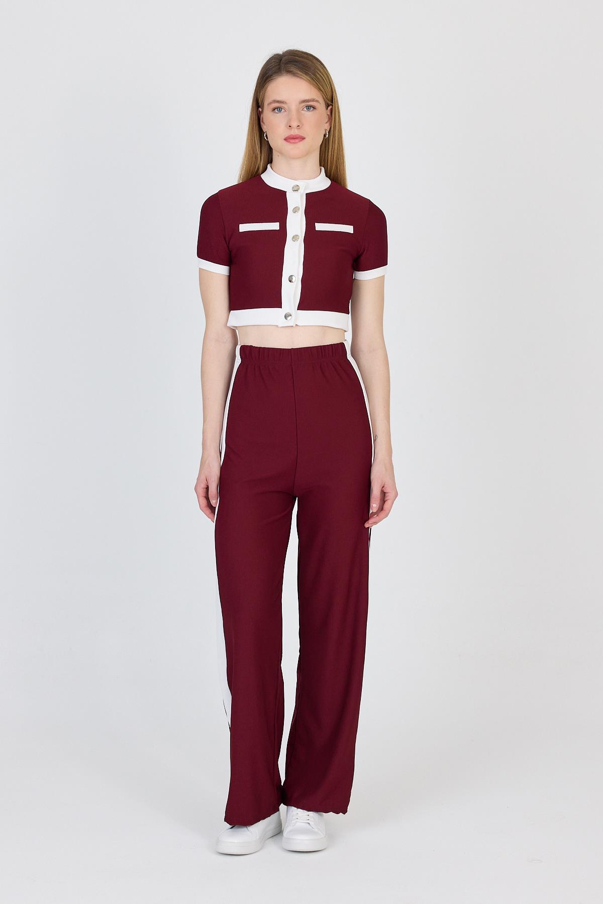Bordo Düğmeli Crop Bluz & Şeritli Palazzo Pantolon Takım 2214 - RAYS