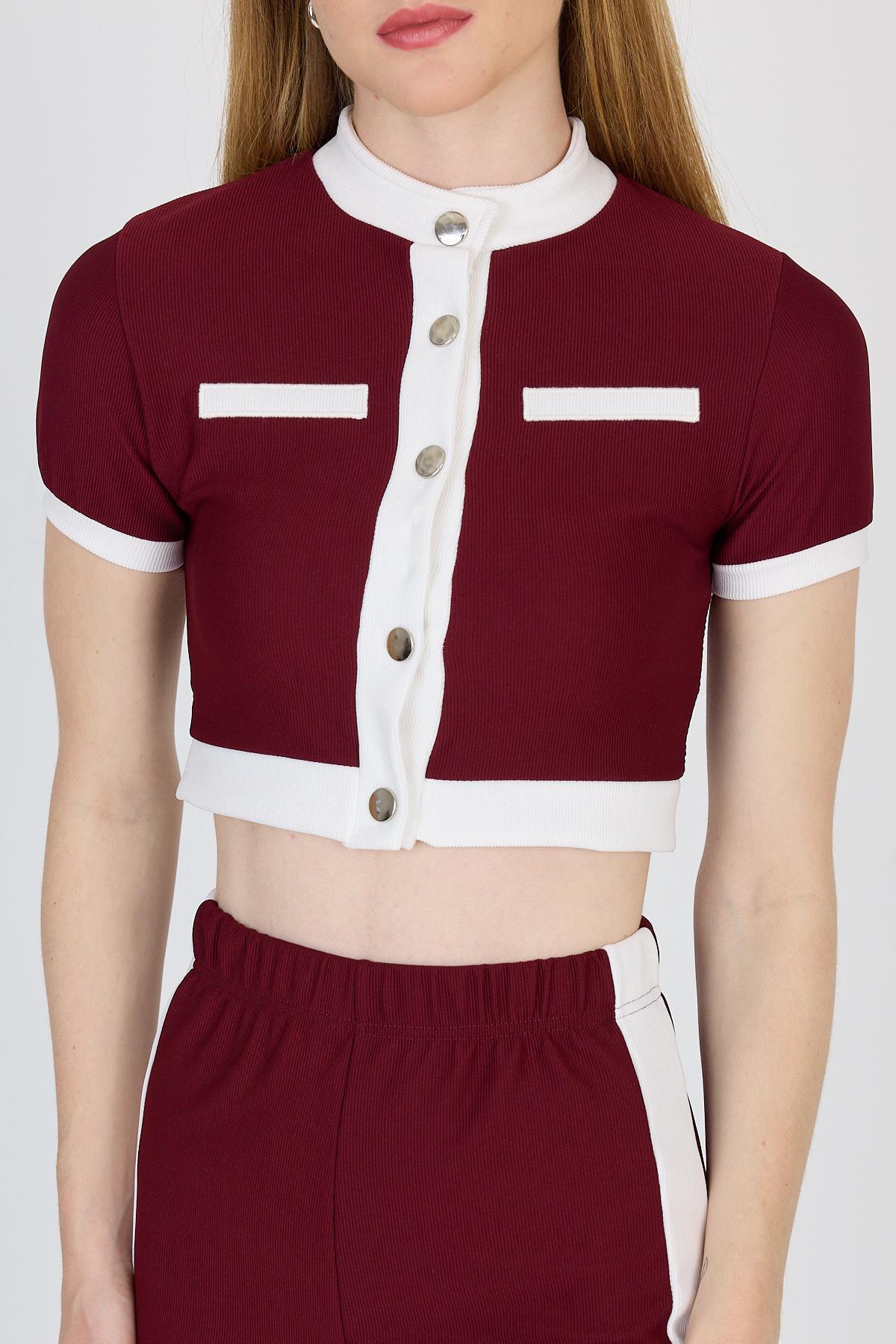 Bordo Düğmeli Crop Bluz & Şeritli Palazzo Pantolon Takım 2214 - RAYS