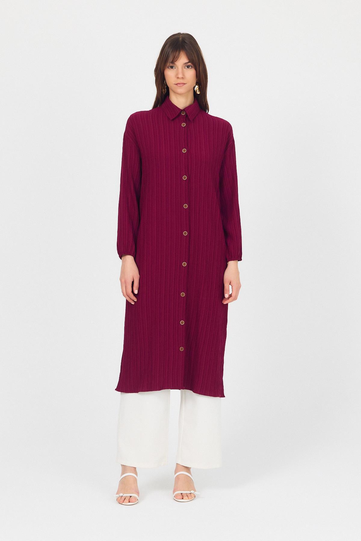 Bordo Düğmeli Kol Lastikli Uzun Tunik 4507A - RAYS