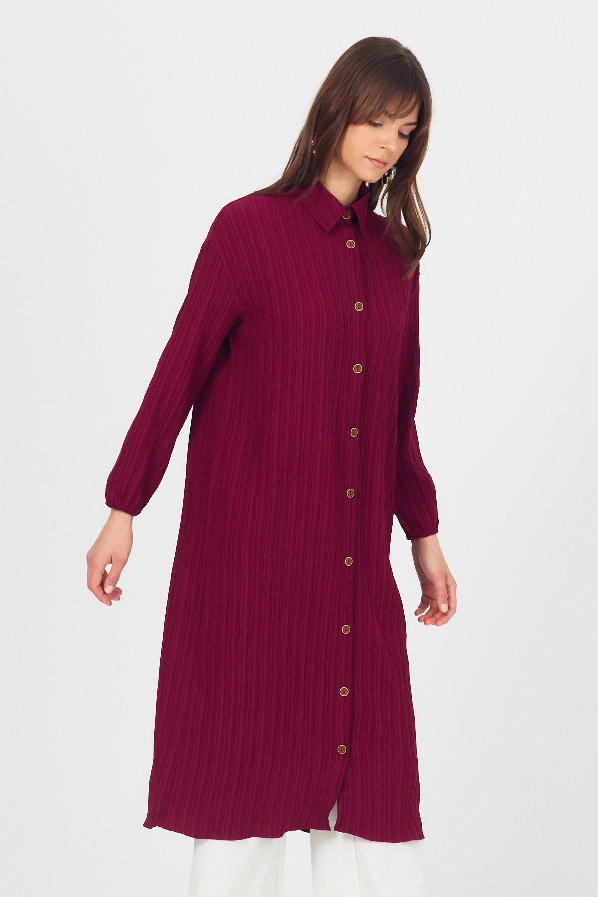 Bordo Düğmeli Kol Lastikli Uzun Tunik 4507A - RAYS