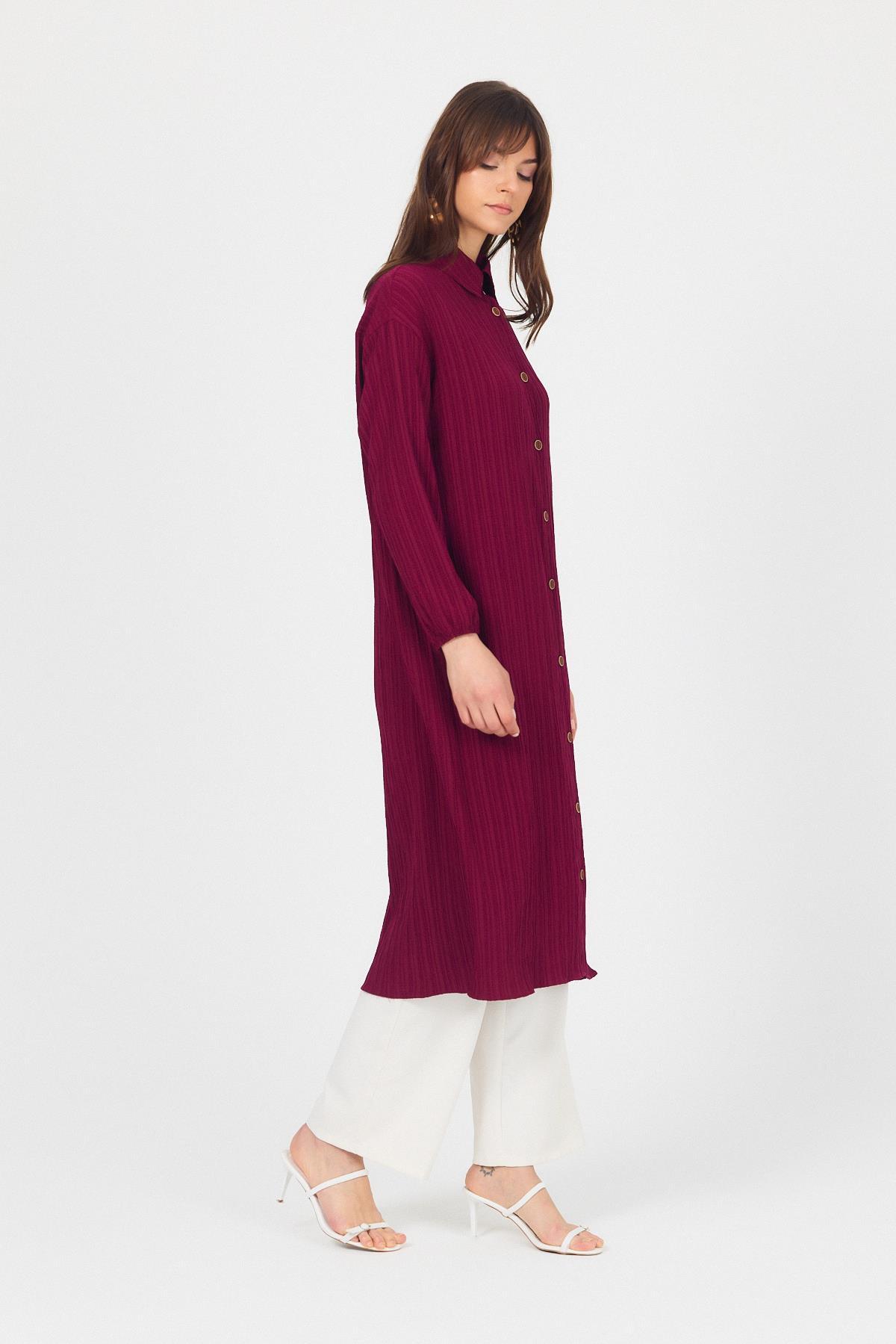 Bordo Düğmeli Kol Lastikli Uzun Tunik 4507A - RAYS