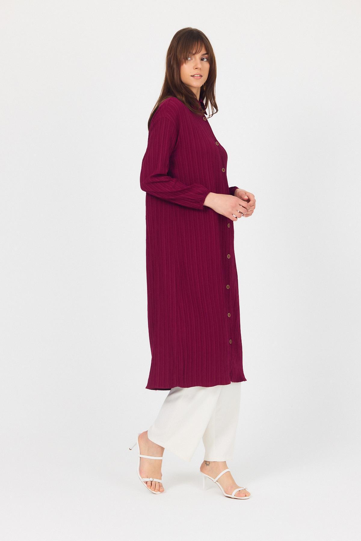 Bordo Düğmeli Kol Lastikli Uzun Tunik 4507A - 7