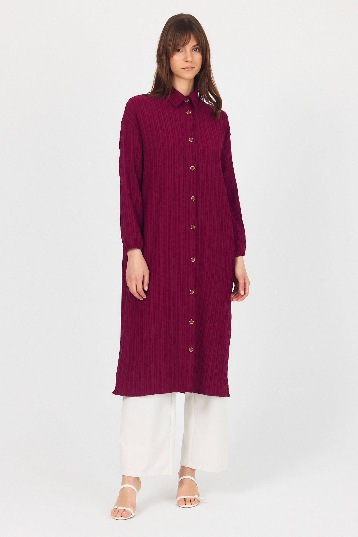 Bordo Düğmeli Kol Lastikli Uzun Tunik 4507A - 8