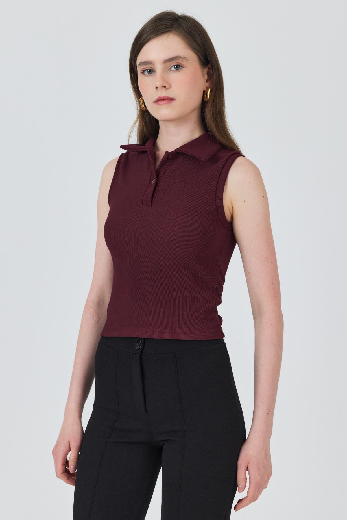 Bordo Düğmeli Polo Yaka Sıfır Kol Örme Bluz 2219 